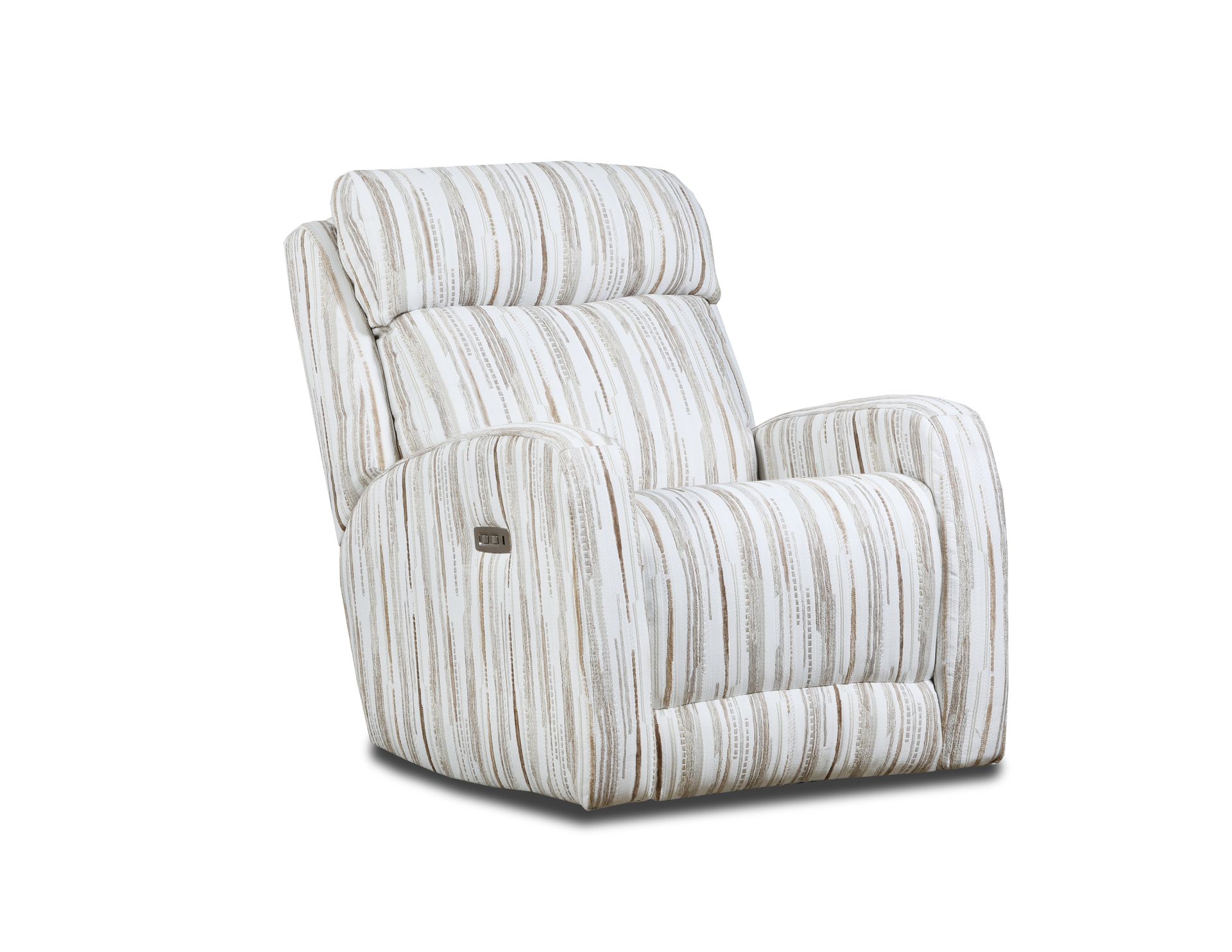 A modern, upholstered recliner chair featuring a vertical, textured stripe pattern in shades of cream and light brown.