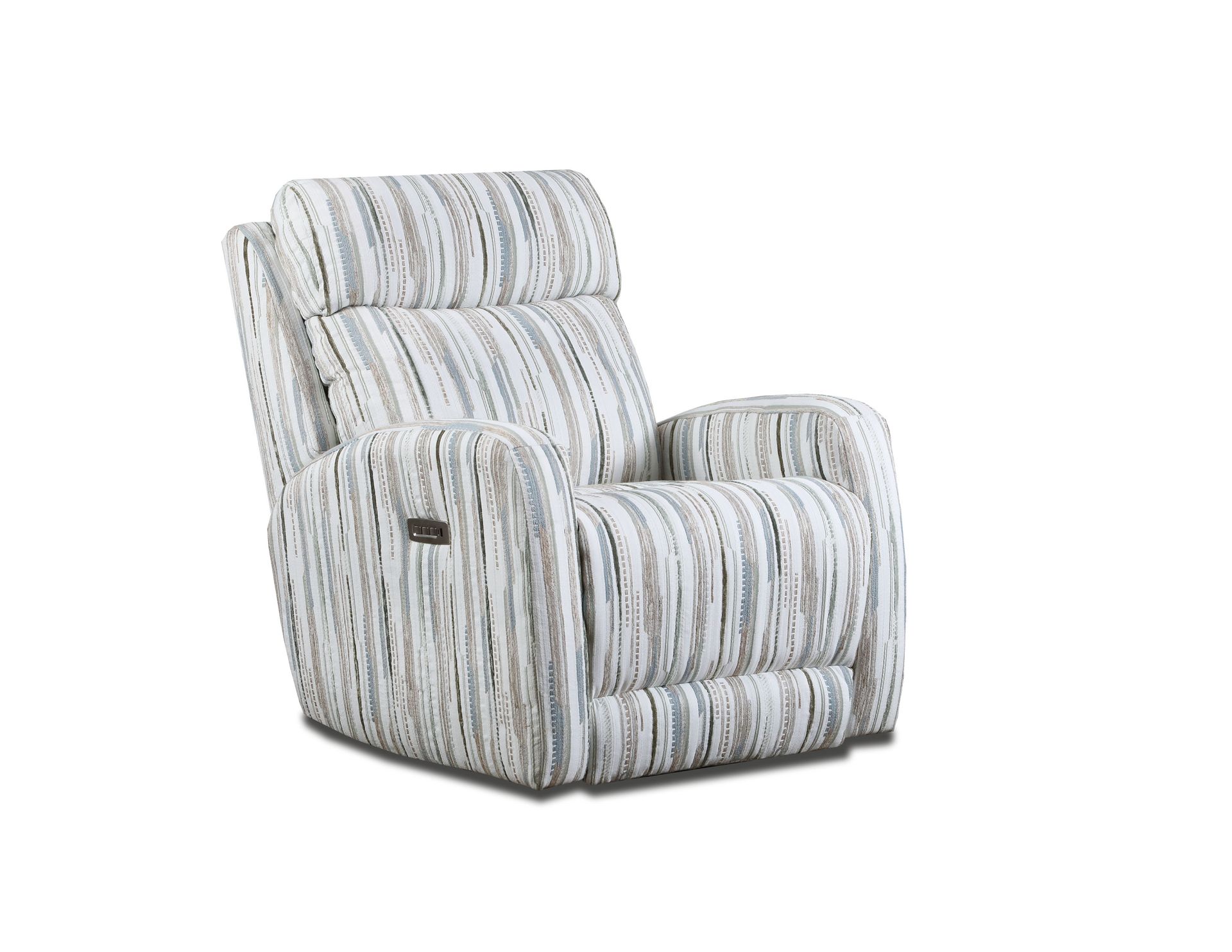 A modern recliner chair upholstered in a light-colored fabric with a vertical textured stripe pattern.