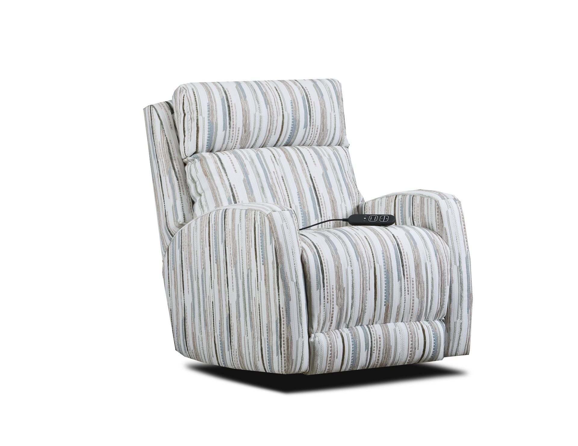 A striped, upholstered power recliner chair in shades of white, gray, and blue, featuring a handheld remote control.