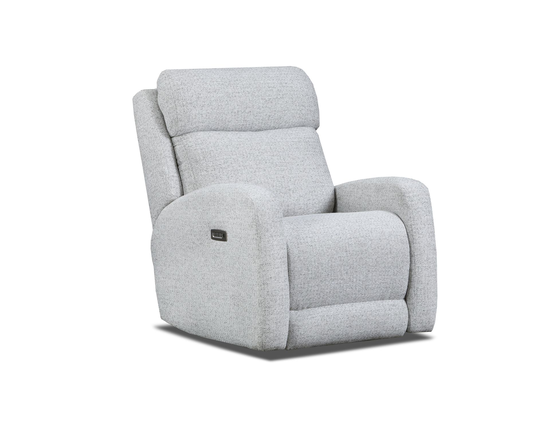 A light gray, textured fabric power recliner chair isolated against a white background.