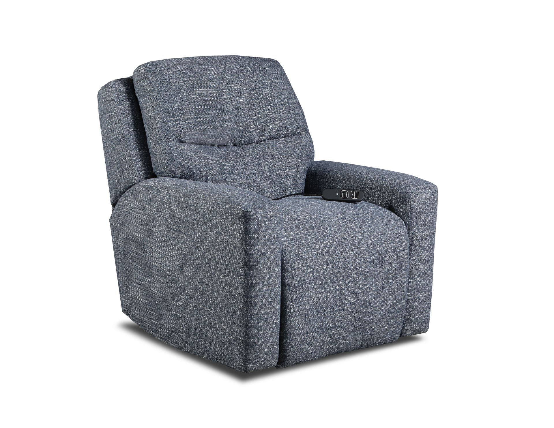 A dark gray, textured fabric power recliner chair isolated against a white background.