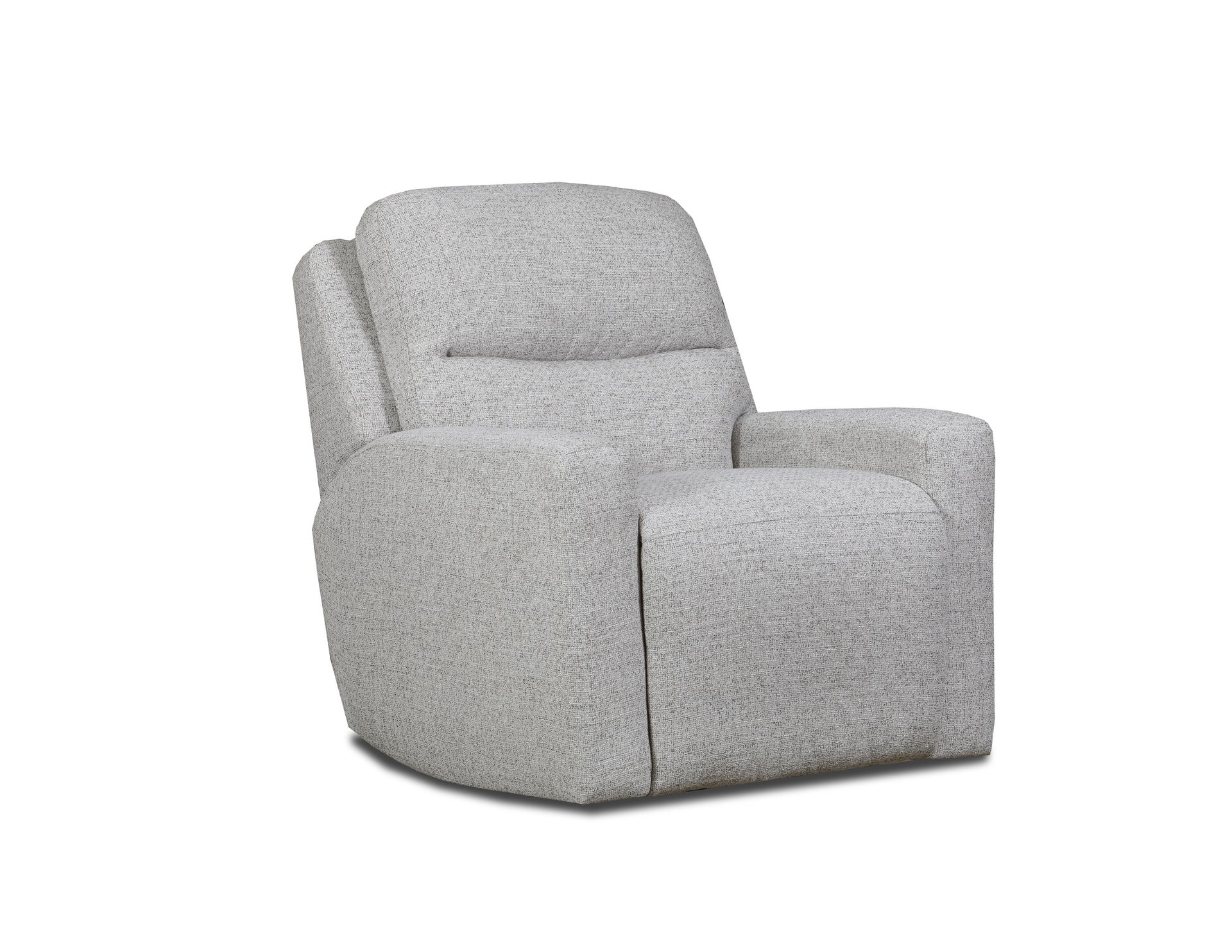 A light gray textured fabric recliner chair isolated against a white background.
