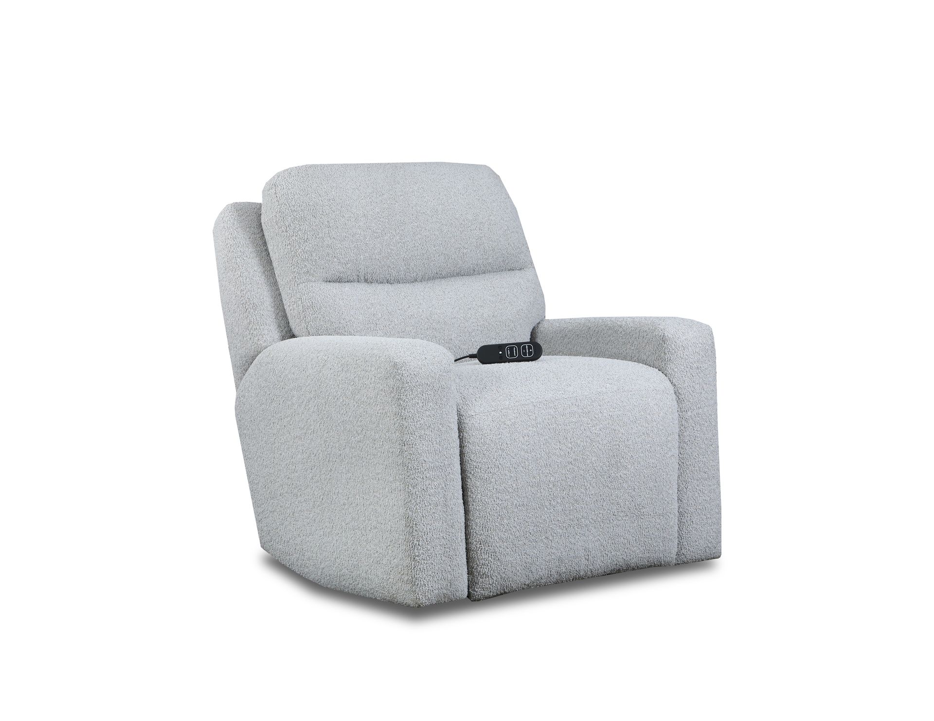 A light gray textured fabric power recliner chair with a handheld remote control resting on the seat.