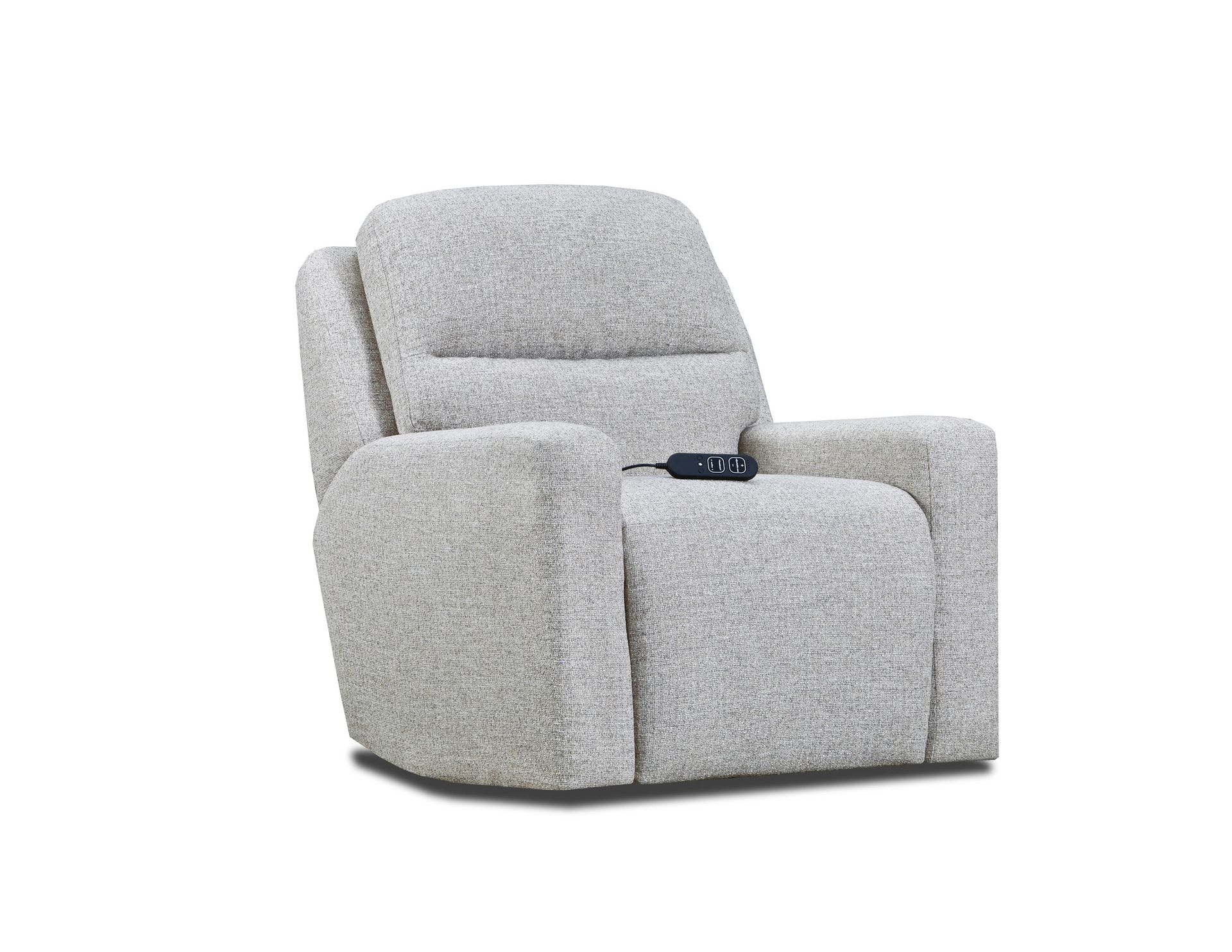 A light gray, textured fabric power recliner chair with an integrated hand-held remote control on the seat.