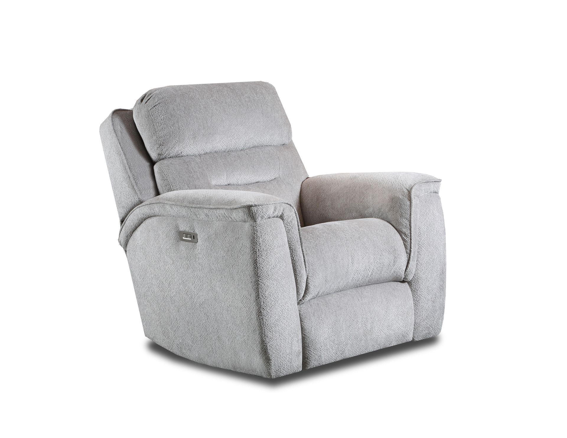 A light gray, plush upholstered recliner armchair against a white background.