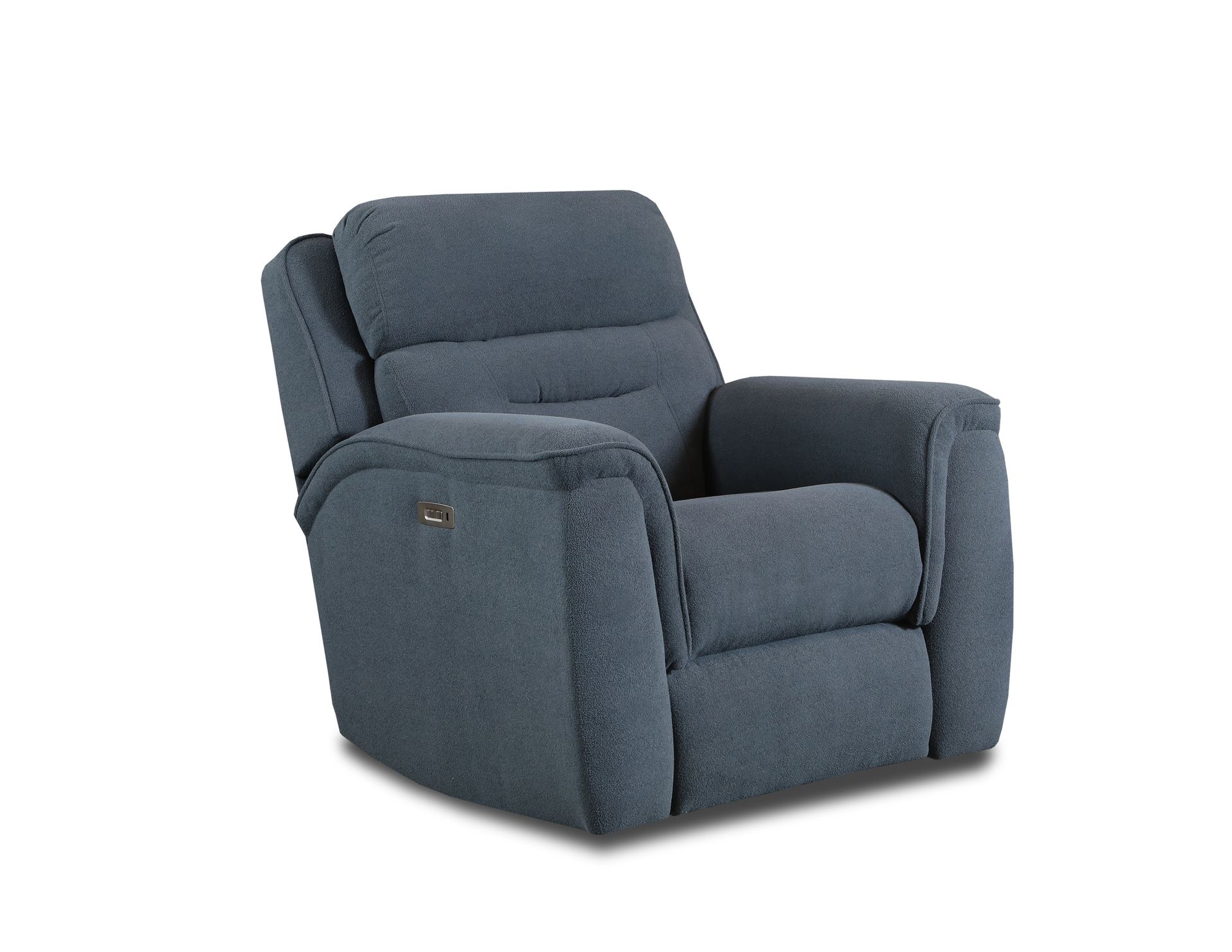 A dark blue fabric recliner chair with padded armrests and back support against a plain white background.