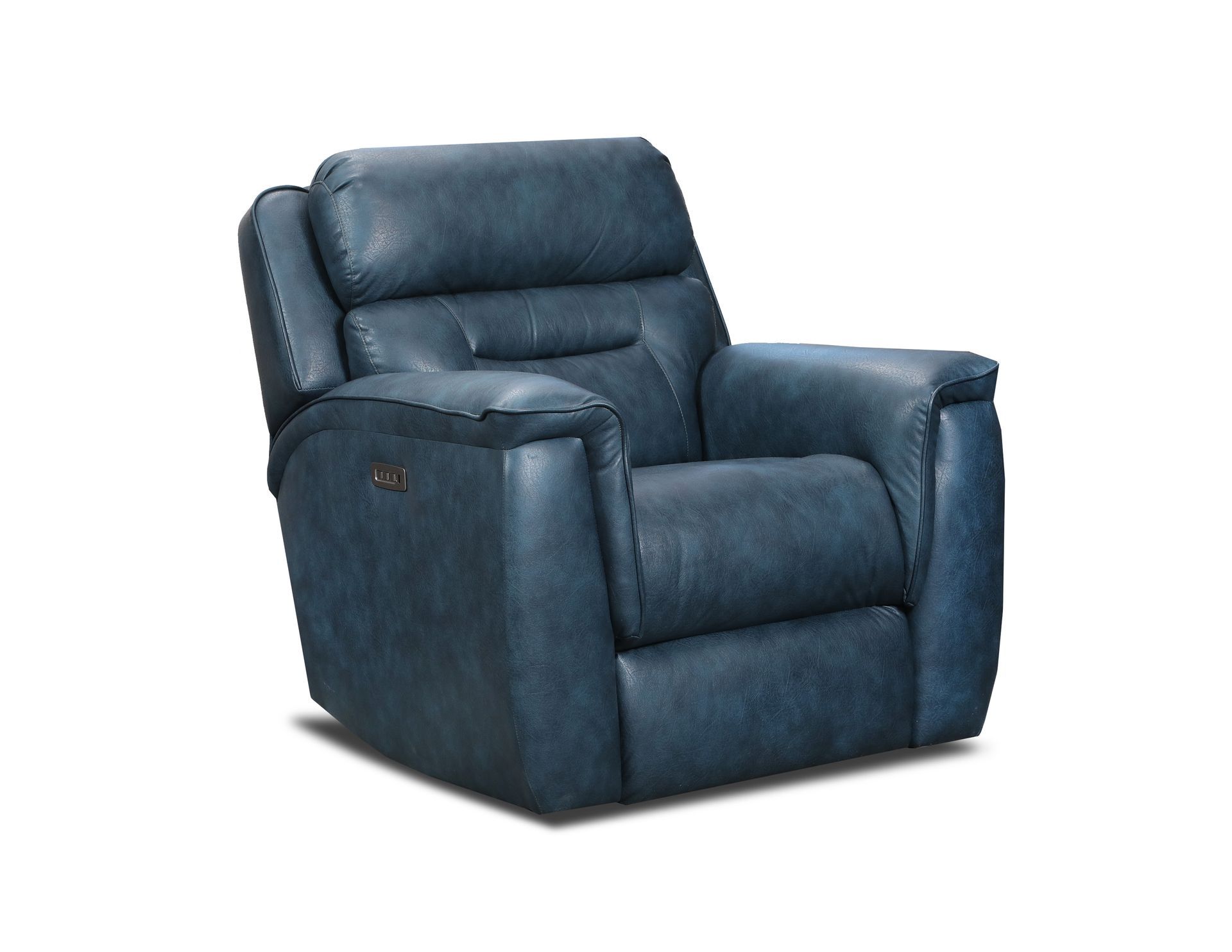 A blue leather recliner chair with padded armrests and a tufted back, set against a plain white background.