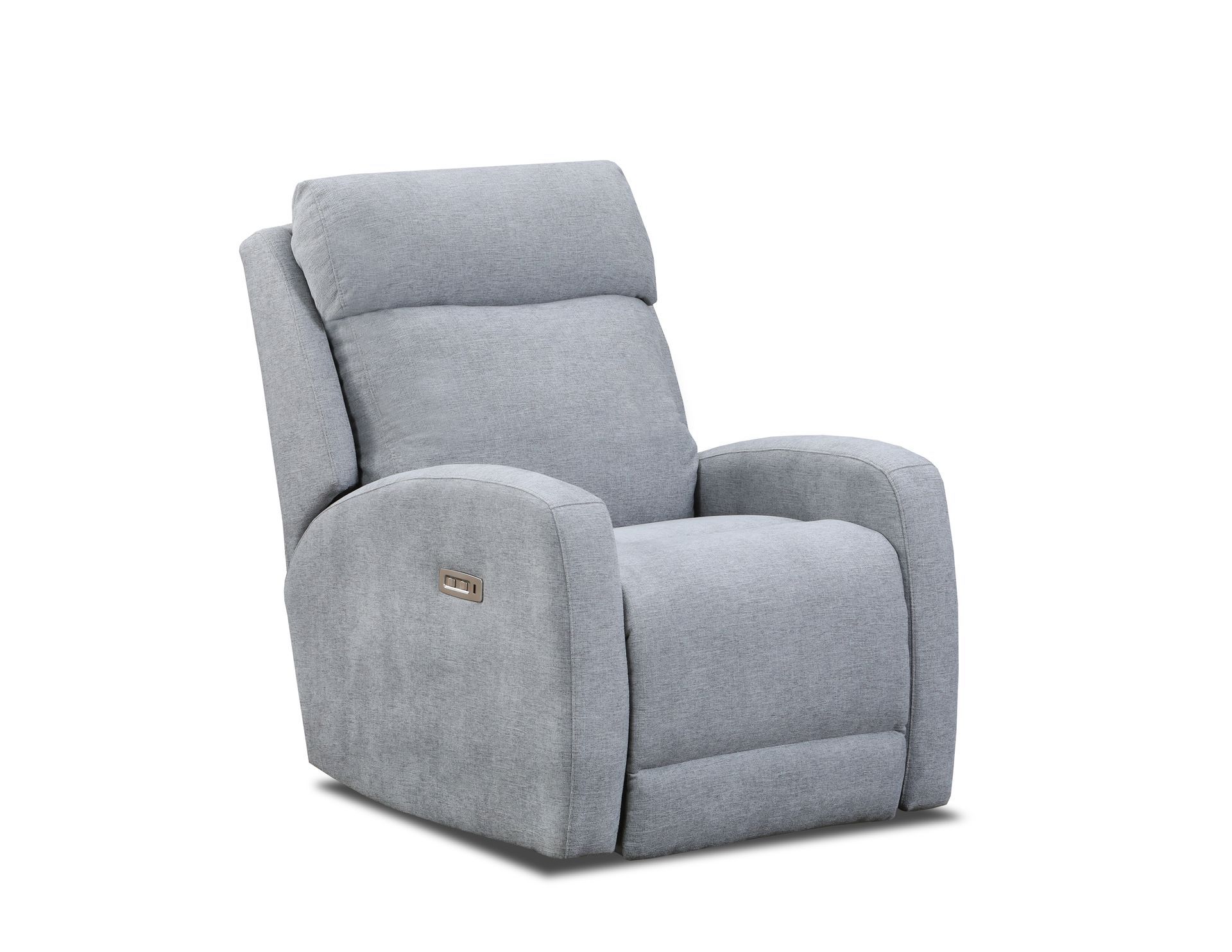Light gray textured fabric recliner chair in a simple, modern design against a white background.