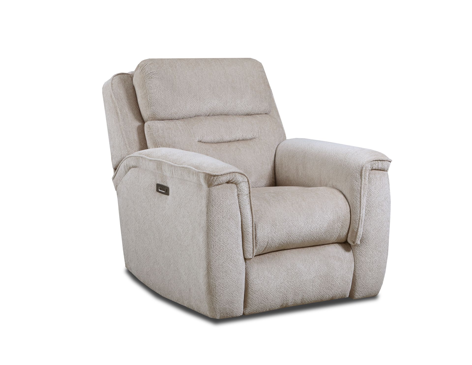 A beige, upholstered power recliner chair isolated against a white background.
