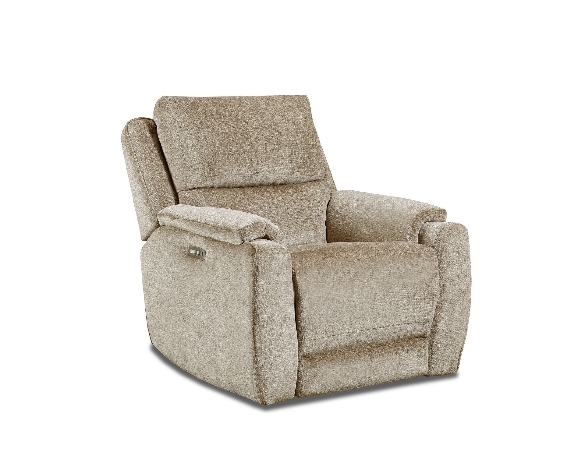 A tan, textured fabric recliner chair viewed from a front-three-quarter angle against a white background.