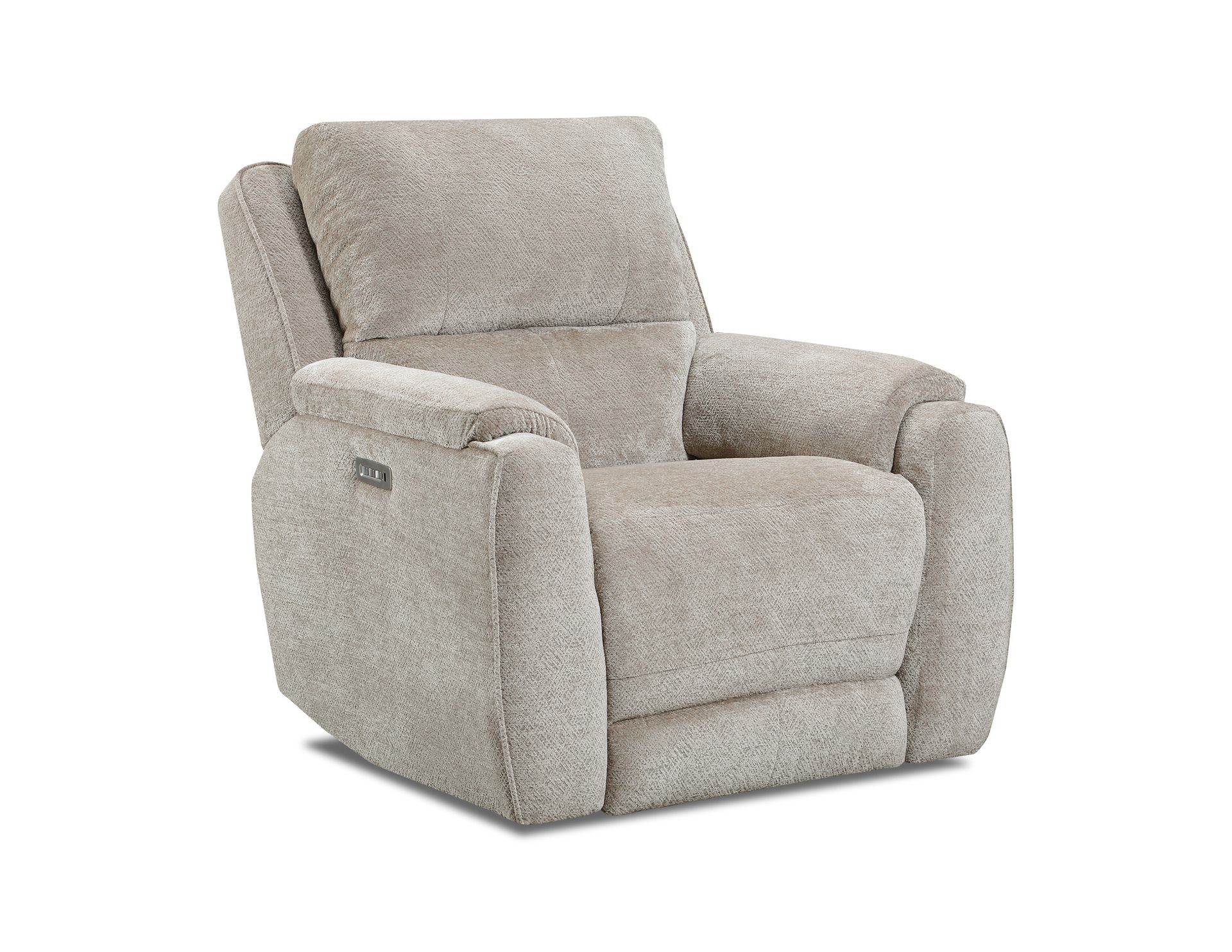 A light gray, textured fabric power recliner chair isolated against a white background.