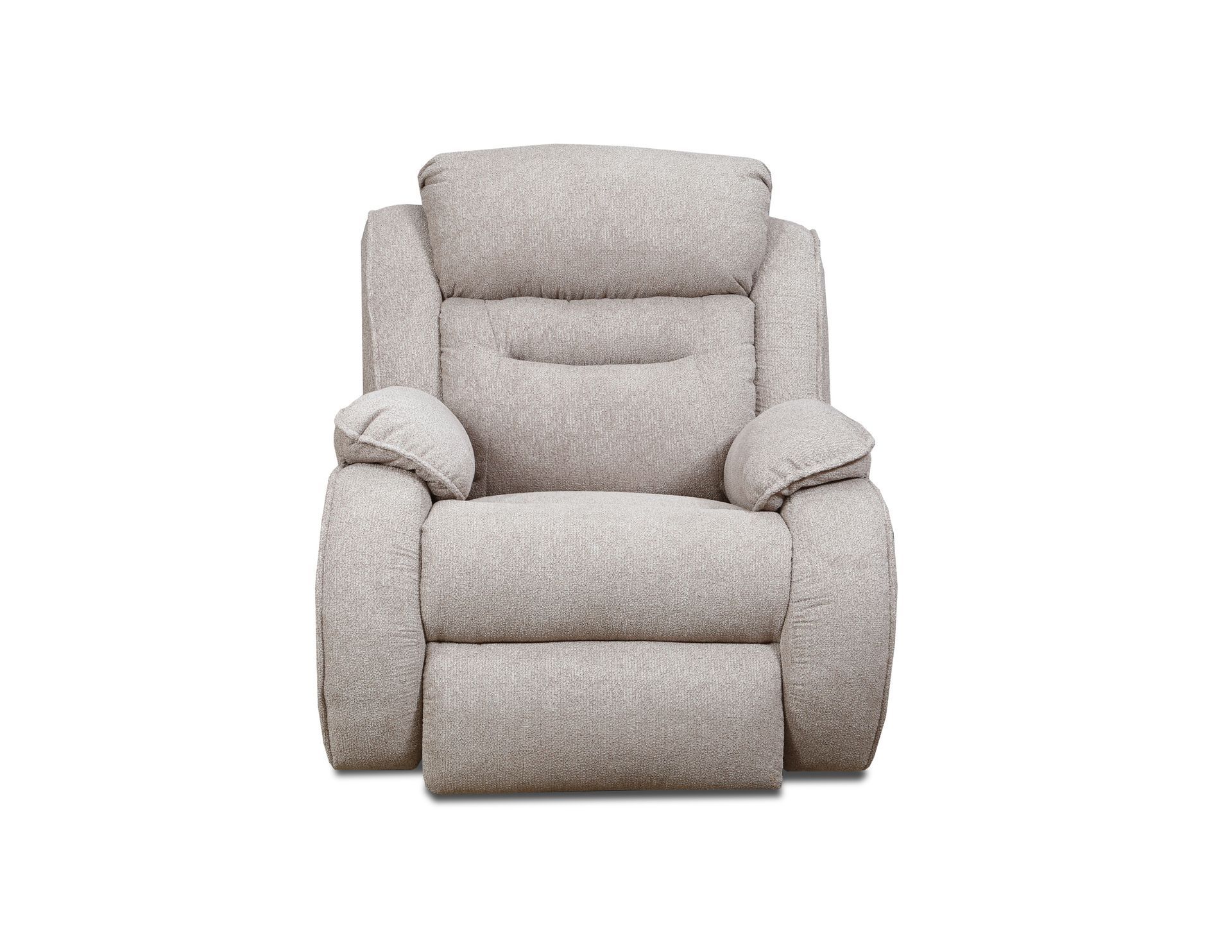A beige, textured, plush recliner chair positioned front-facing against a white background.