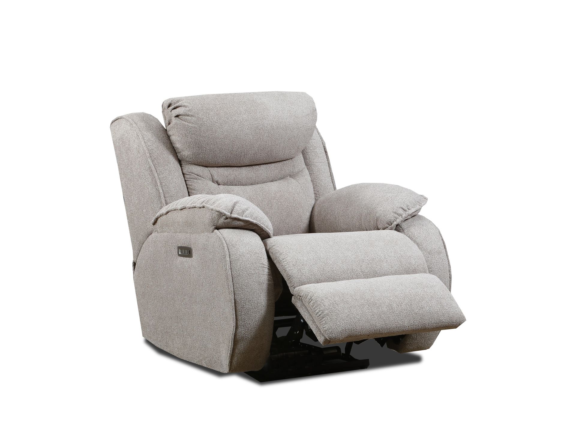 Light gray textured fabric recliner chair in a raised, extended position, shown against a plain white background.