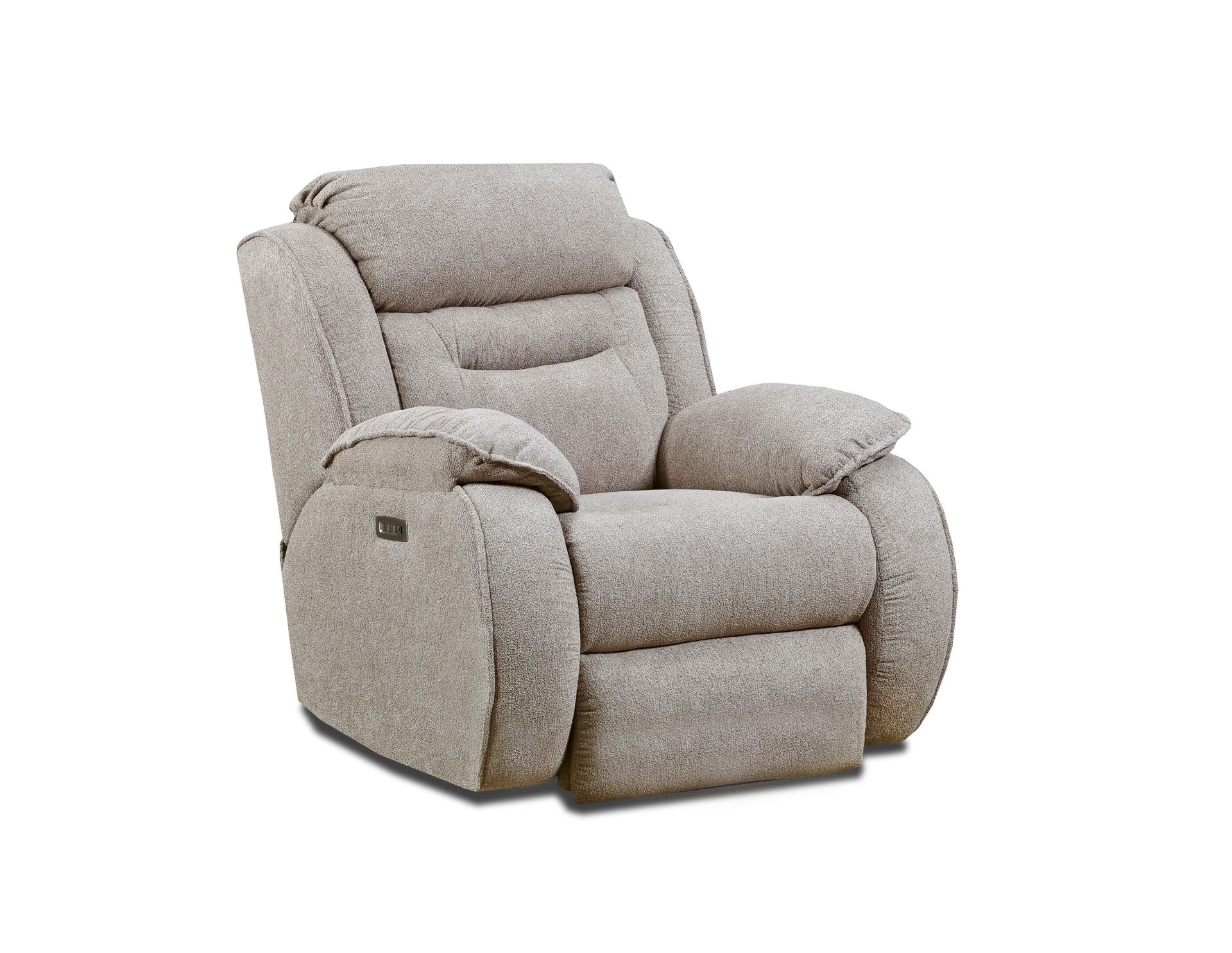 A beige, cushioned, overstuffed recliner armchair with integrated armrests against a white background.