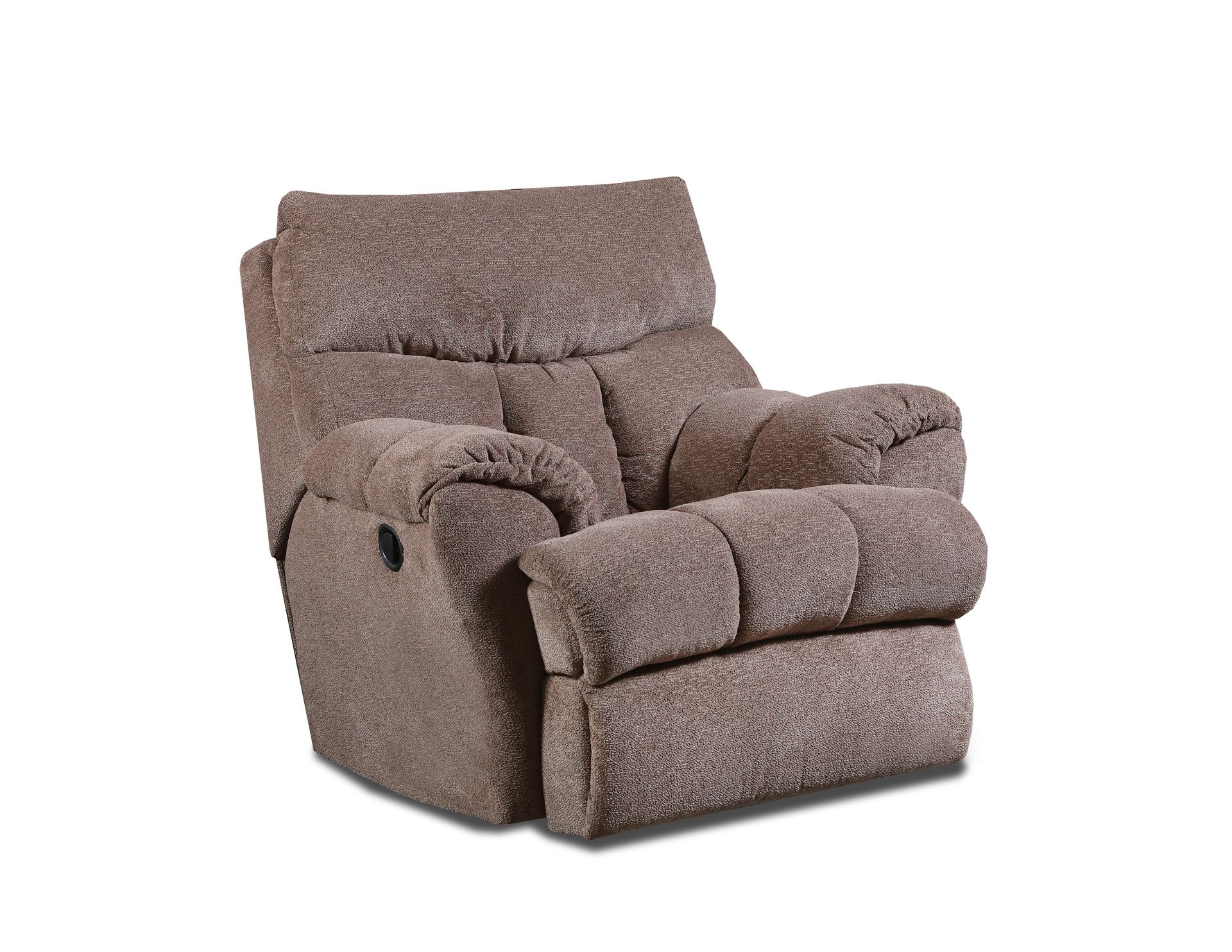 A tan, textured fabric recliner chair viewed from a front-quarter angle against a white background.