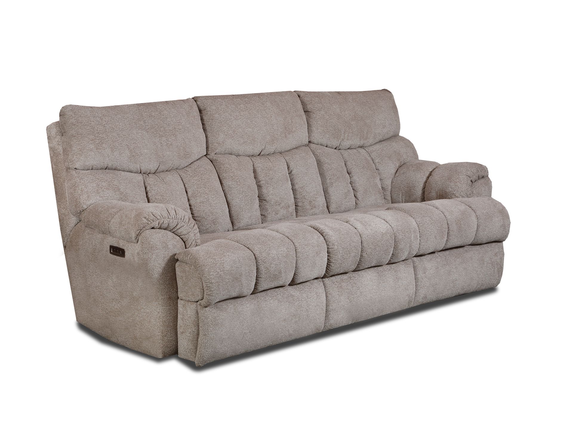 A tan, textured fabric reclining sofa with three cushioned backrests and prominent tufted detailing.