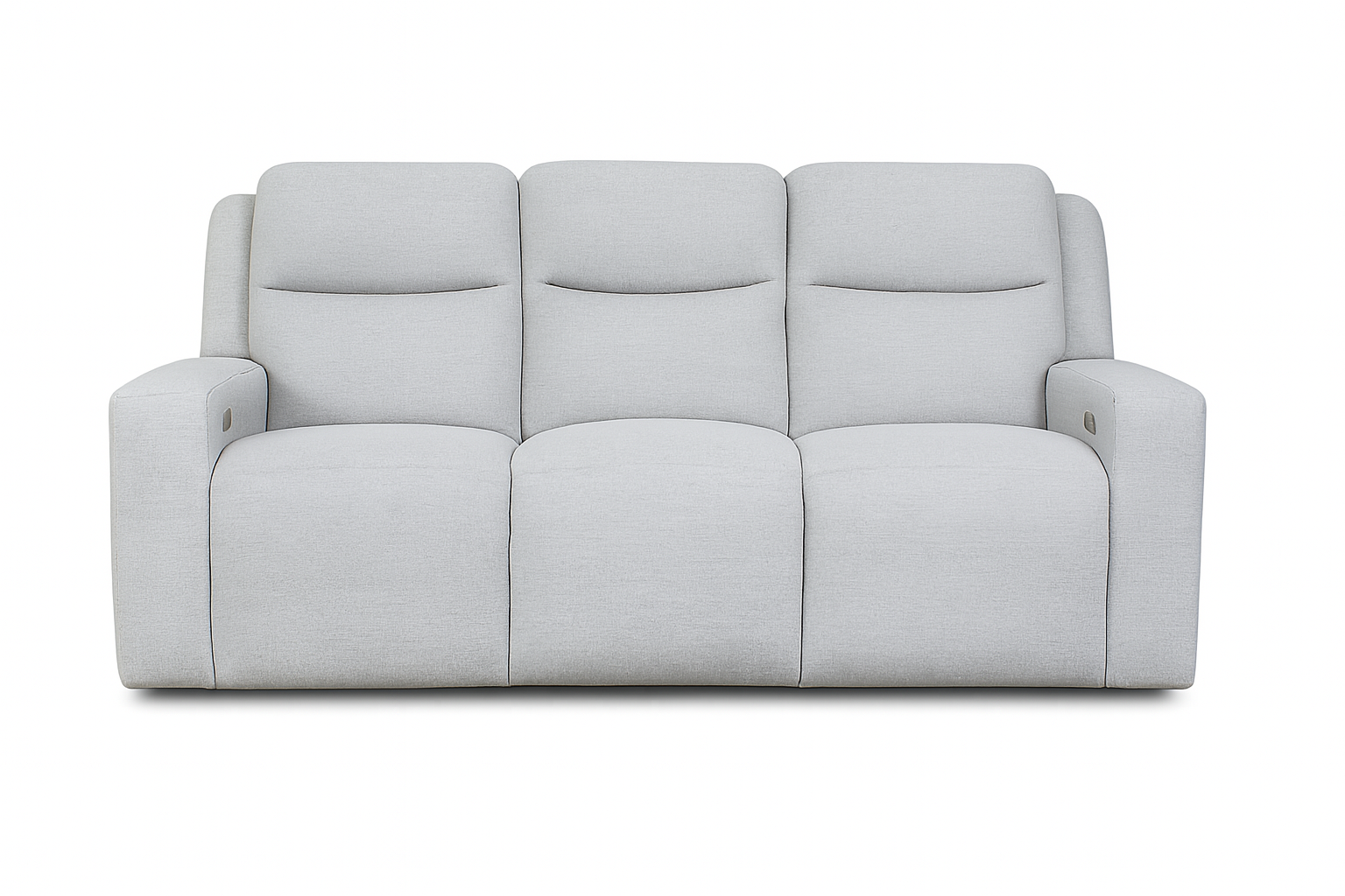 A modern light-gray three-seat reclining sofa with tufted headrests on a white background.