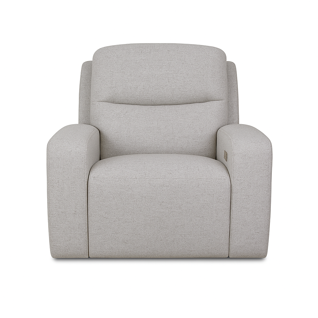 A light gray, upholstered, modern armchair with thick arms and a straight back design.