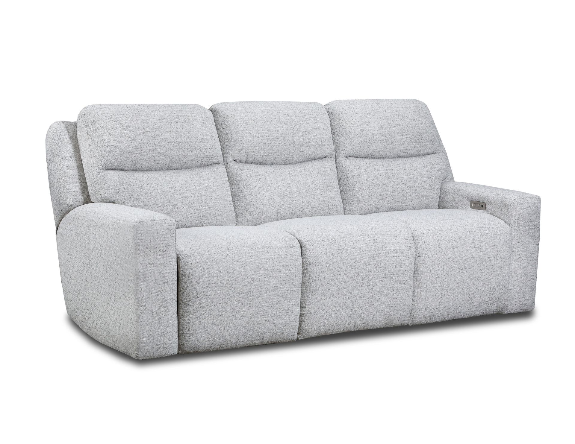 Light gray, three-seat reclining sofa with tufted cushions and track arms on a white background.