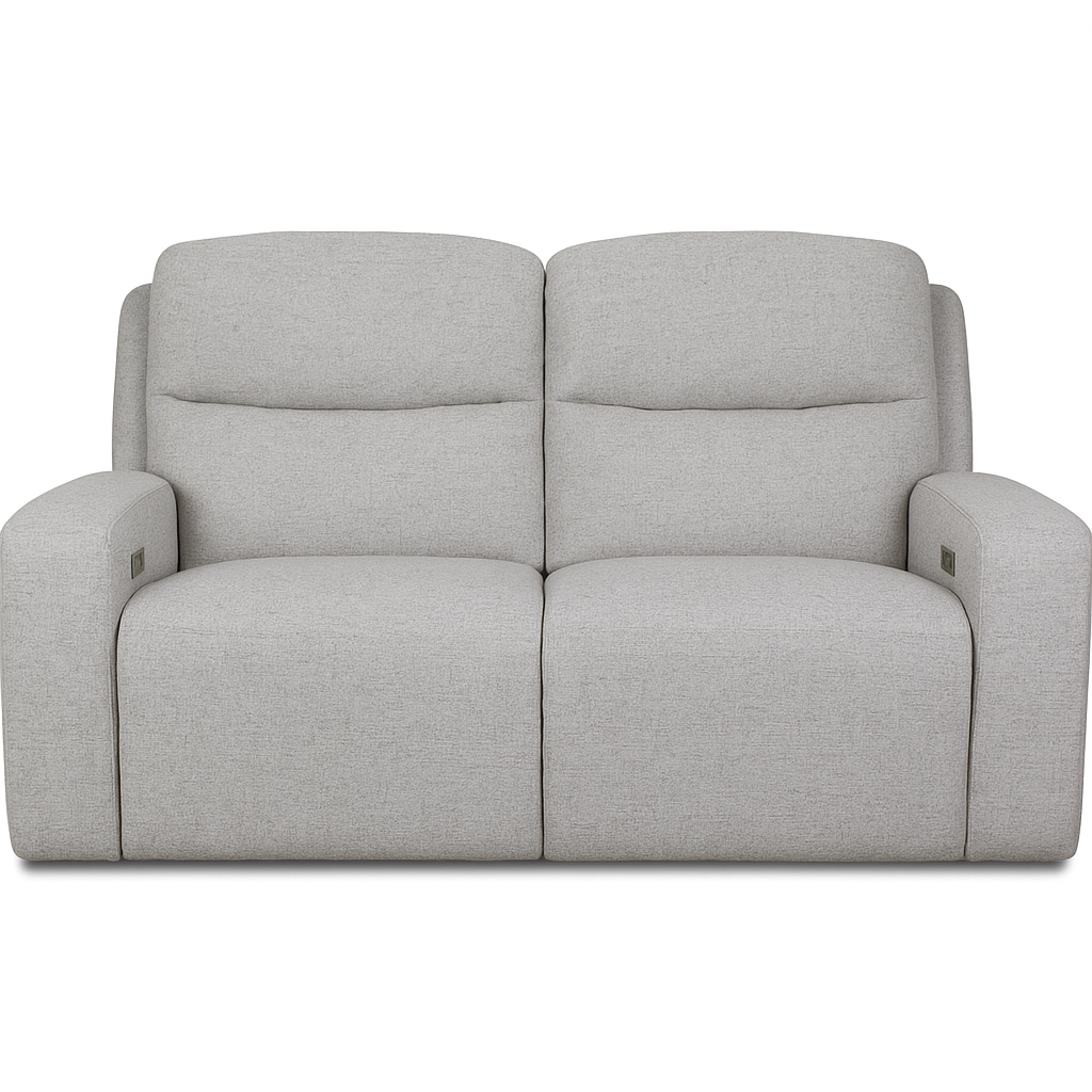 A two-seat, light gray textured fabric loveseat recliner with built-in power control buttons on the armrests.