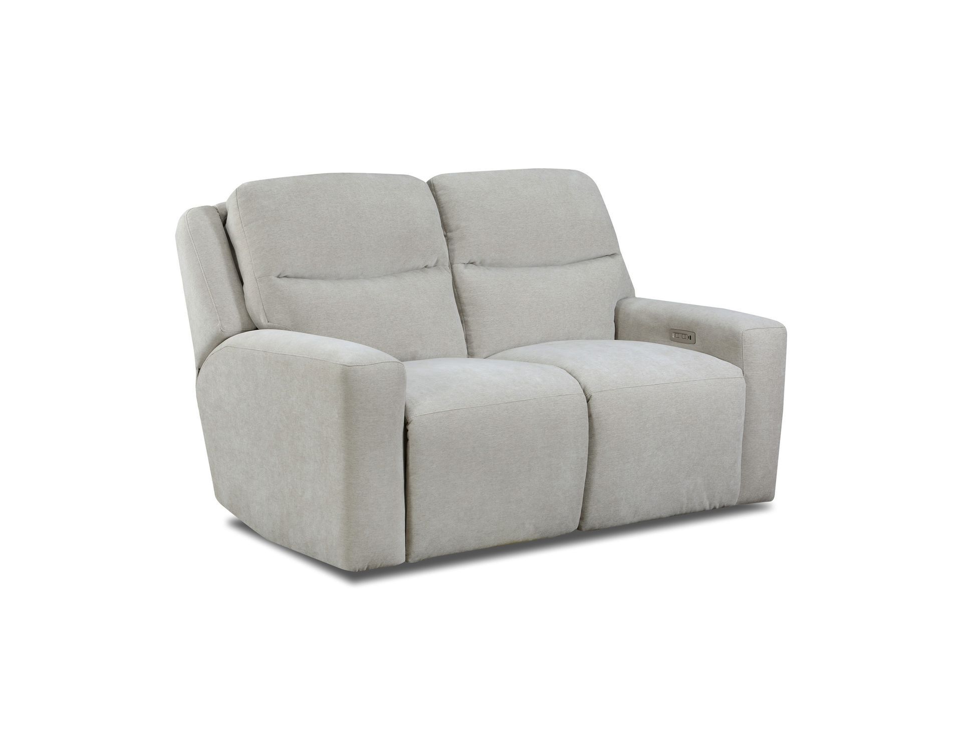 A light beige, two-seater reclining loveseat with thick cushions on a plain white background.