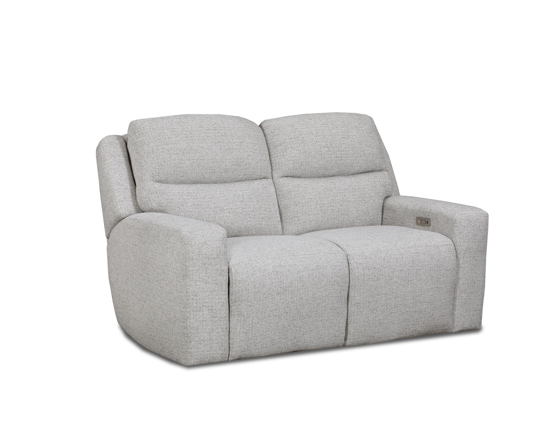 A light gray, textured fabric two-seater reclining loveseat against a white background.