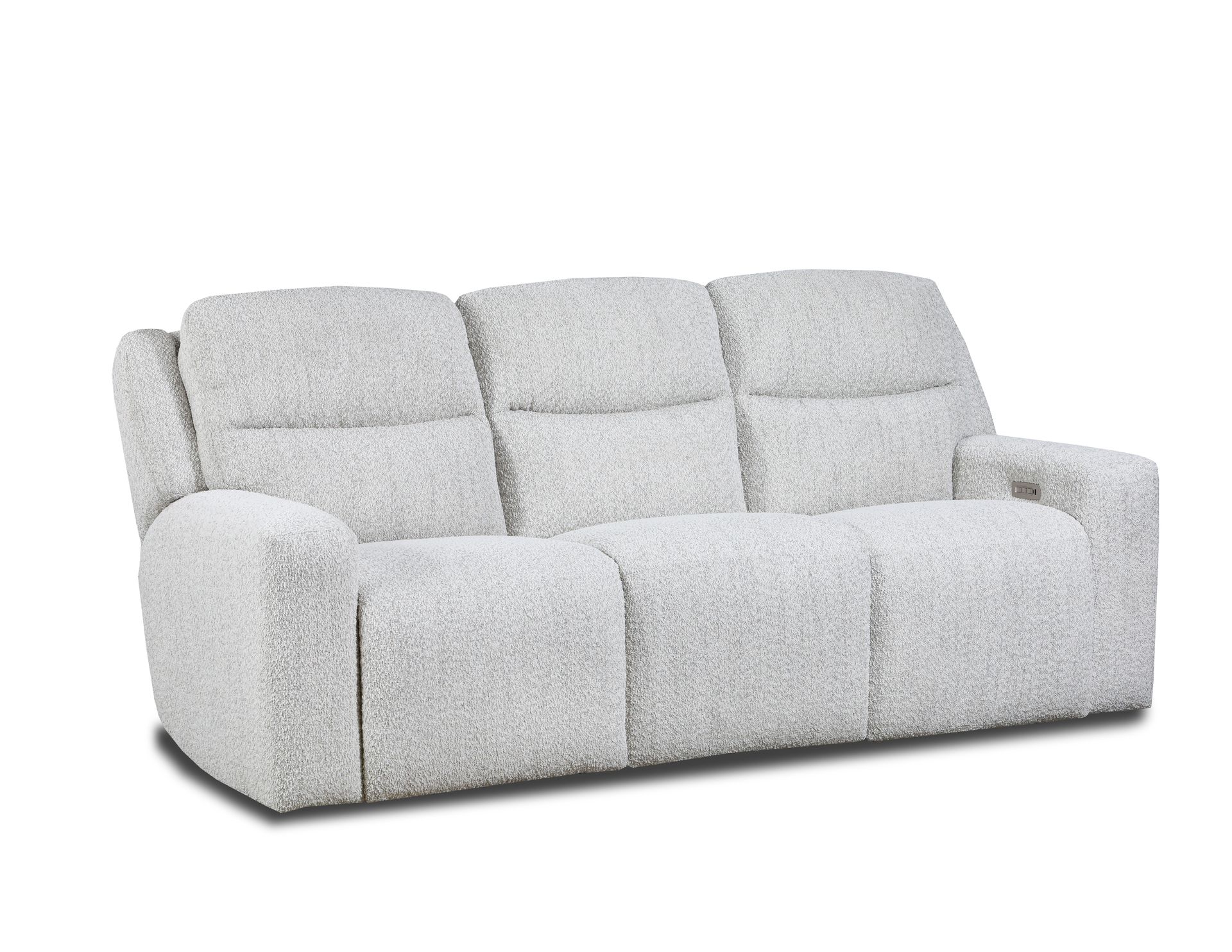 A modern, three-seater light gray textured fabric recliner sofa against a plain white background.