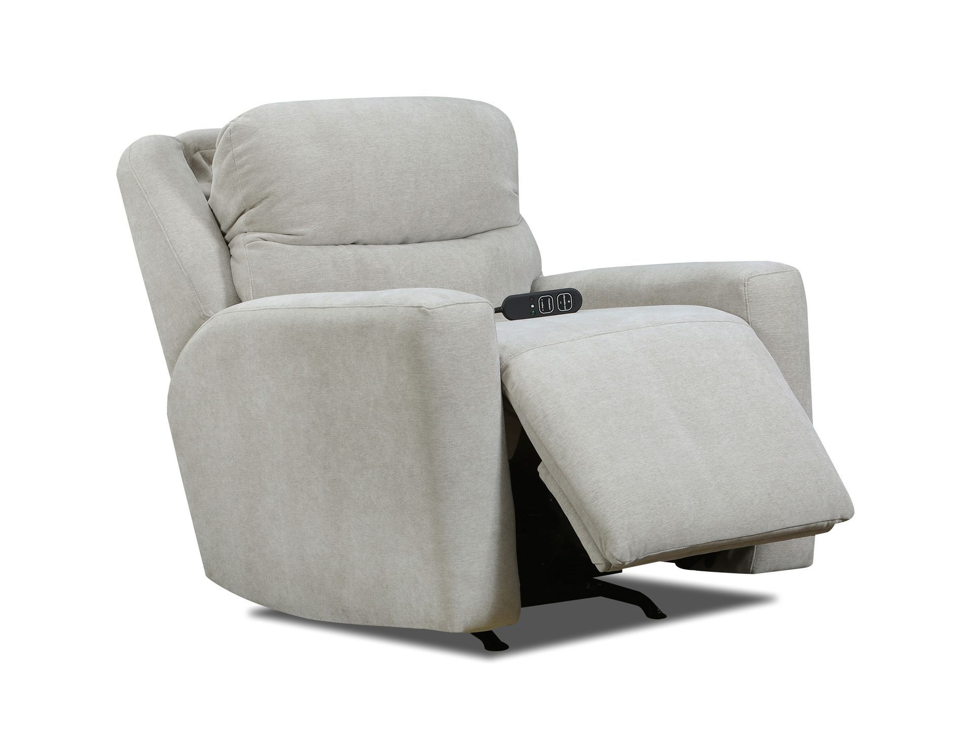 A light beige, plush power recliner chair in a partially reclined position with a black hand remote on the seat.