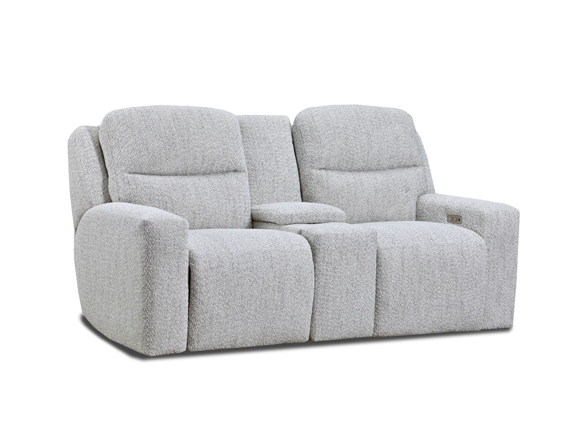 A light grey, textured fabric power reclining loveseat with a center storage console and cup holders.