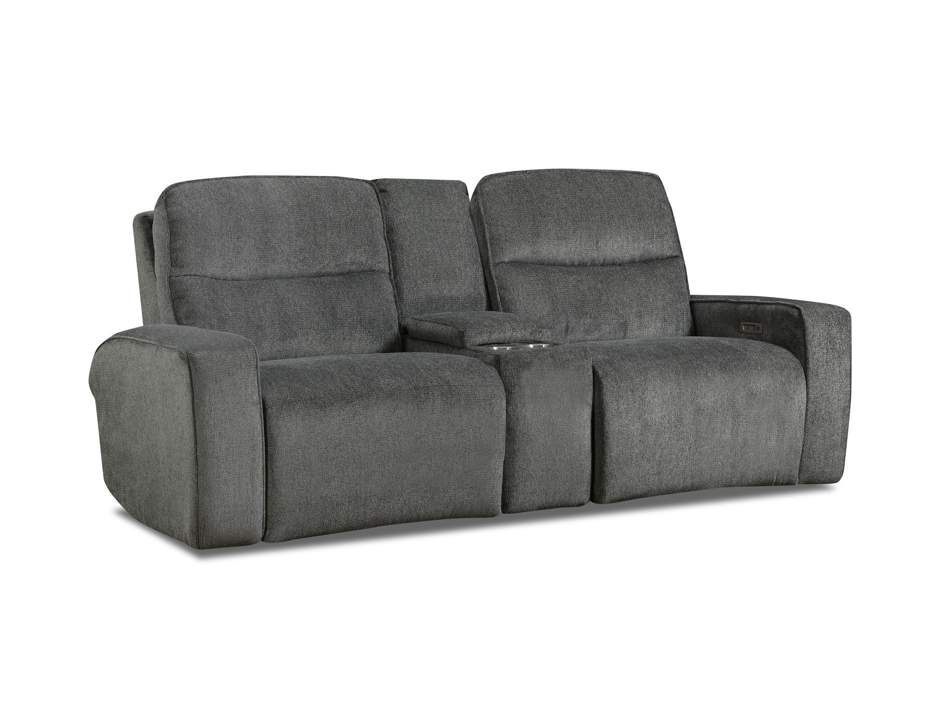 A charcoal gray, two-seater reclining loveseat with a center console featuring built-in cup holders.