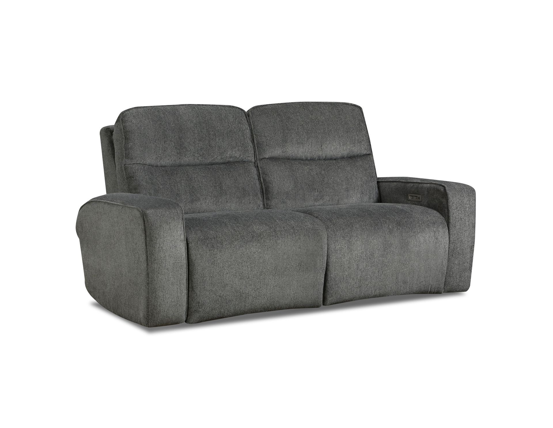 A two-seat grey fabric reclining loveseat with plush cushions against a white background.