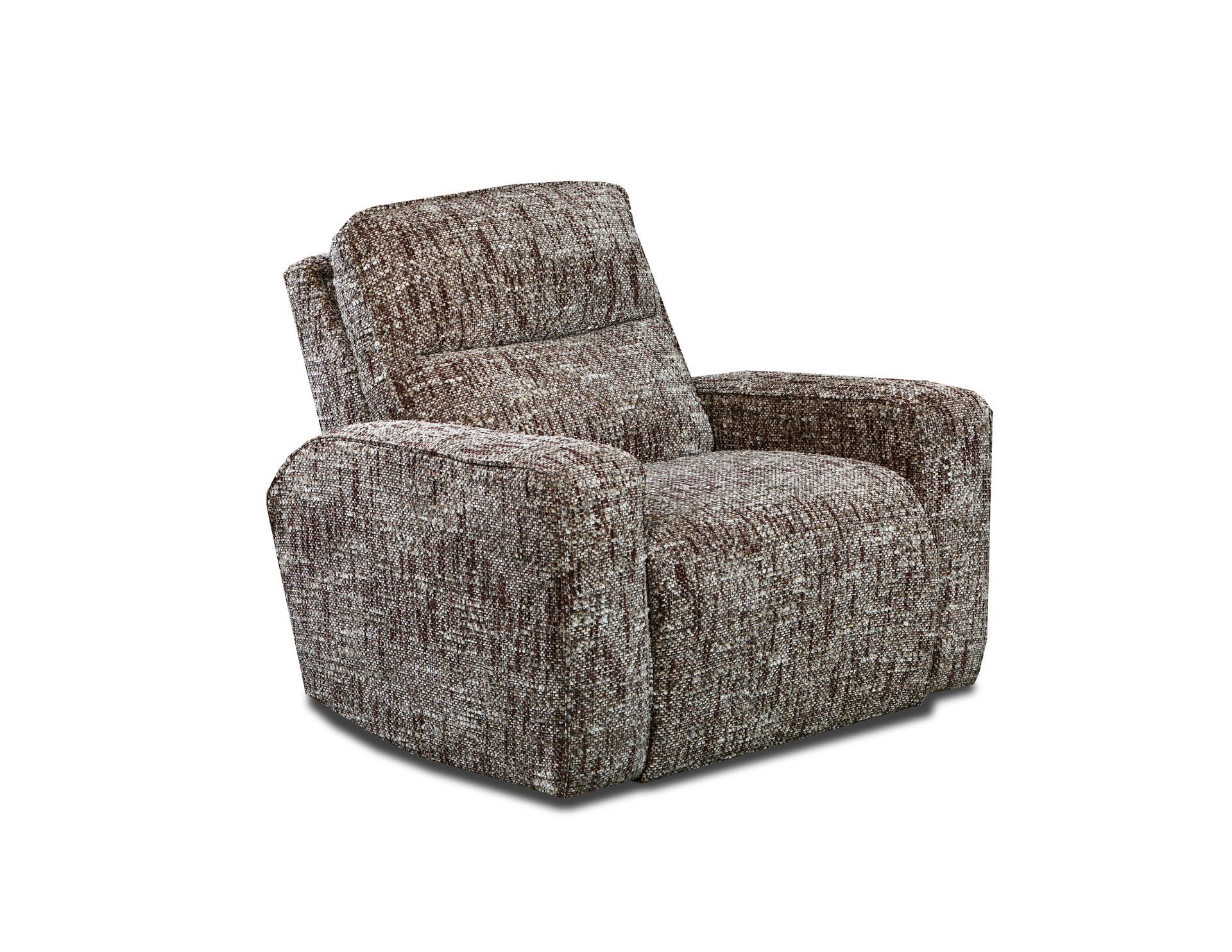 A modern, low-profile armchair upholstered in a textured, multi-toned brown and beige fabric.