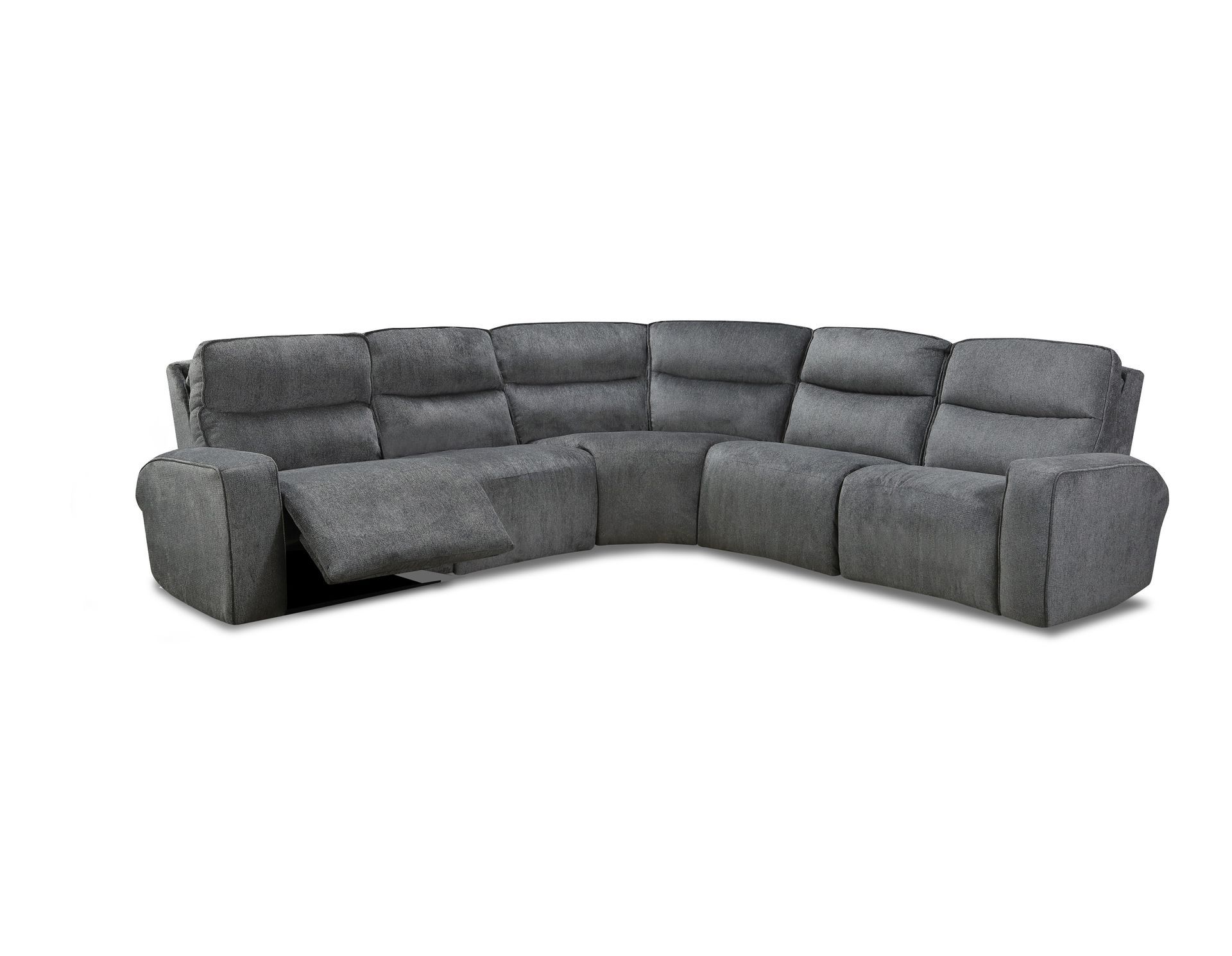 A gray, L-shaped sectional sofa with one seat reclined on the left side, set against a plain white background.