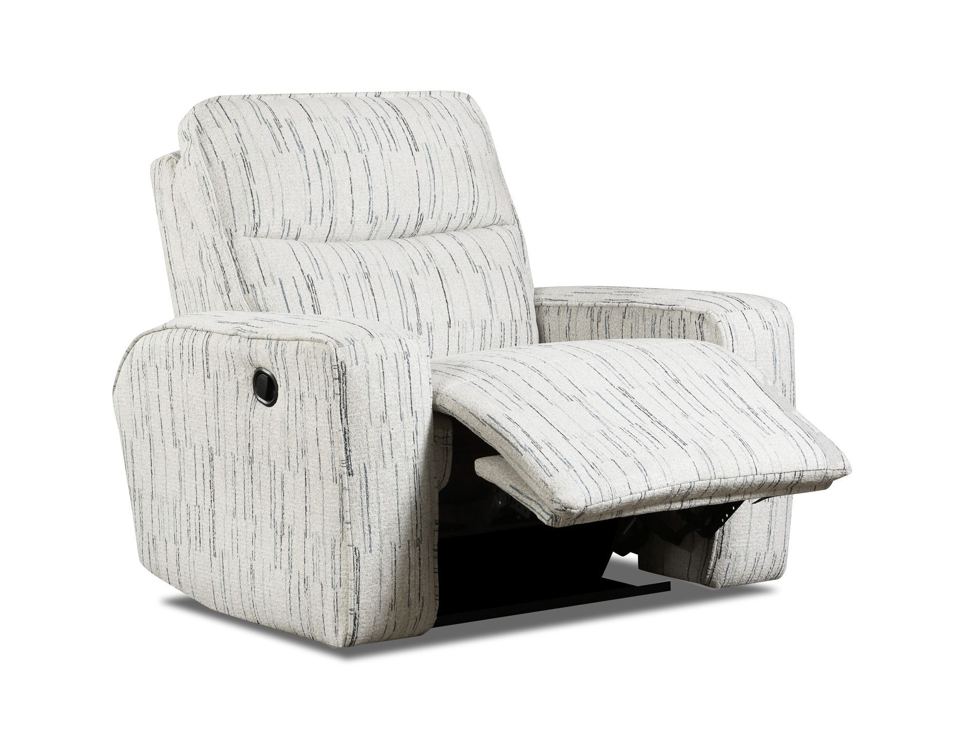A white and black textured fabric recliner chair in a reclined position against a white background.