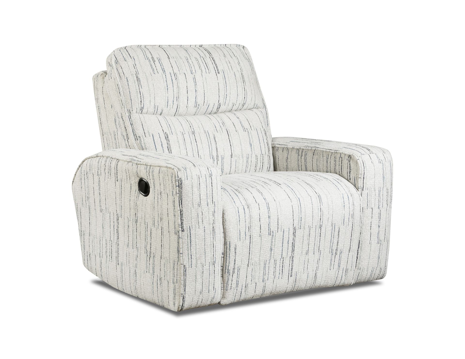 A white, textured recliner chair with black, vertical, dashed patterns, shown against a plain white background.