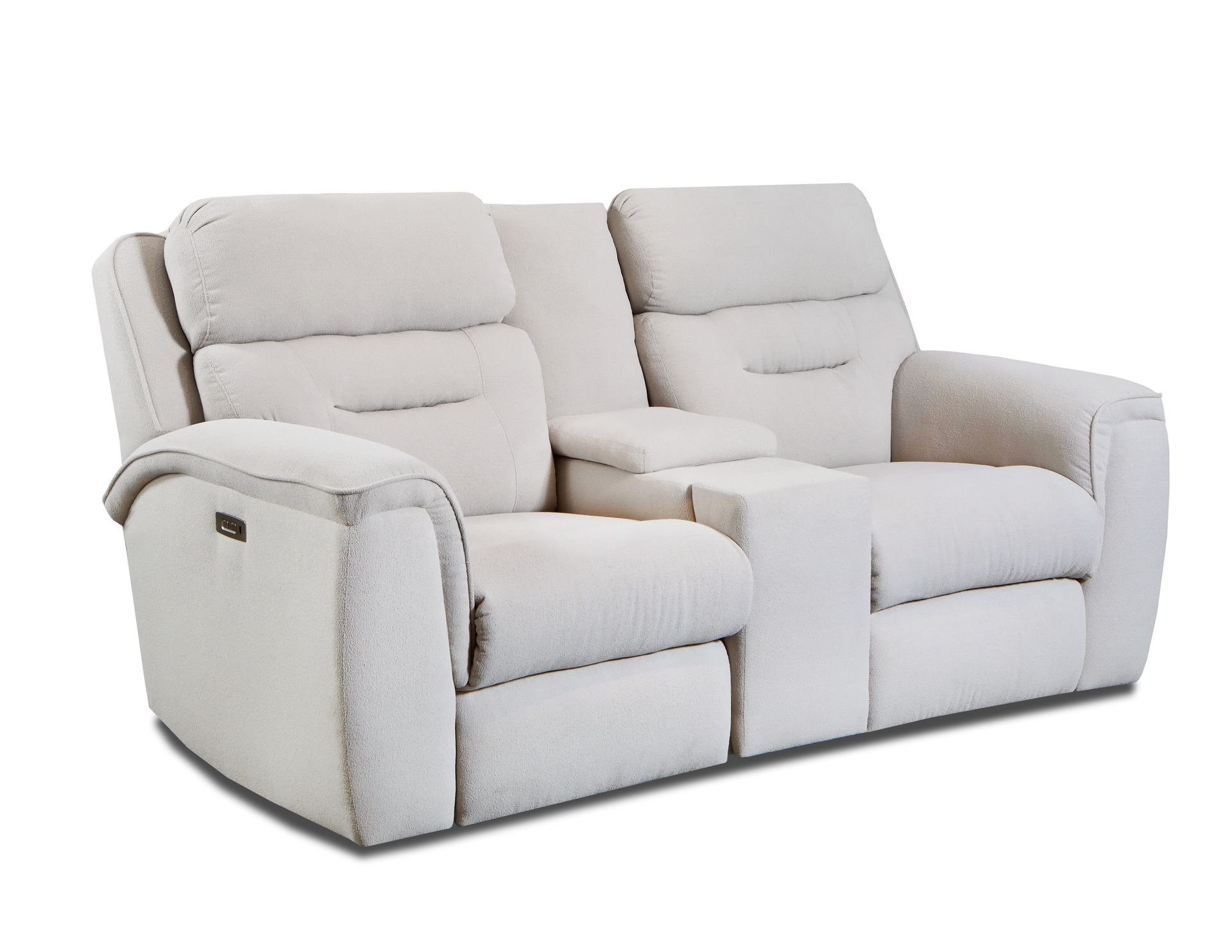 Off-white, two-seater recliner sofa with a central console containing an armrest.