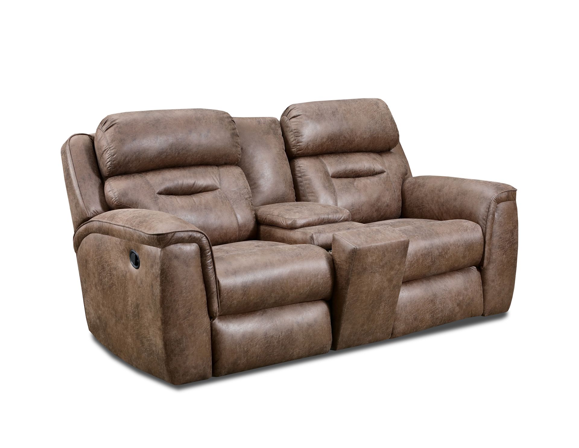 A brown leather loveseat recliner with a center console, shown from a front angle against a white background.