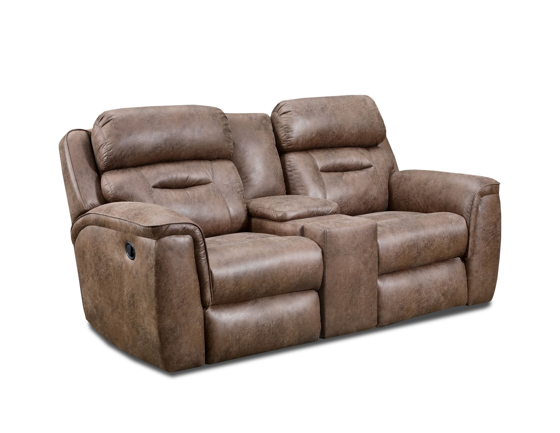 Brown leather dual-seat reclining loveseat with a center console against a plain white background.