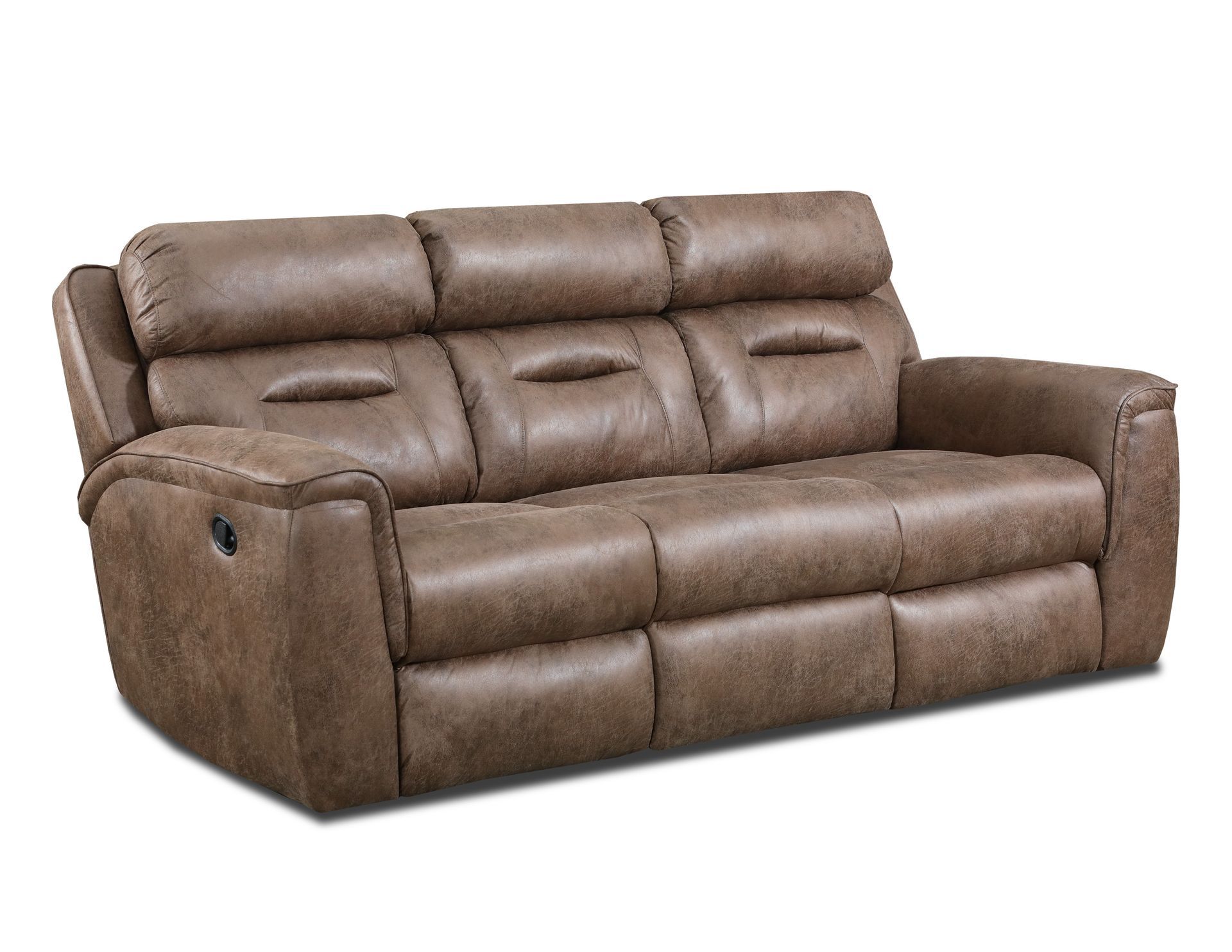 A brown, leather-look three-seat reclining sofa on a white background.