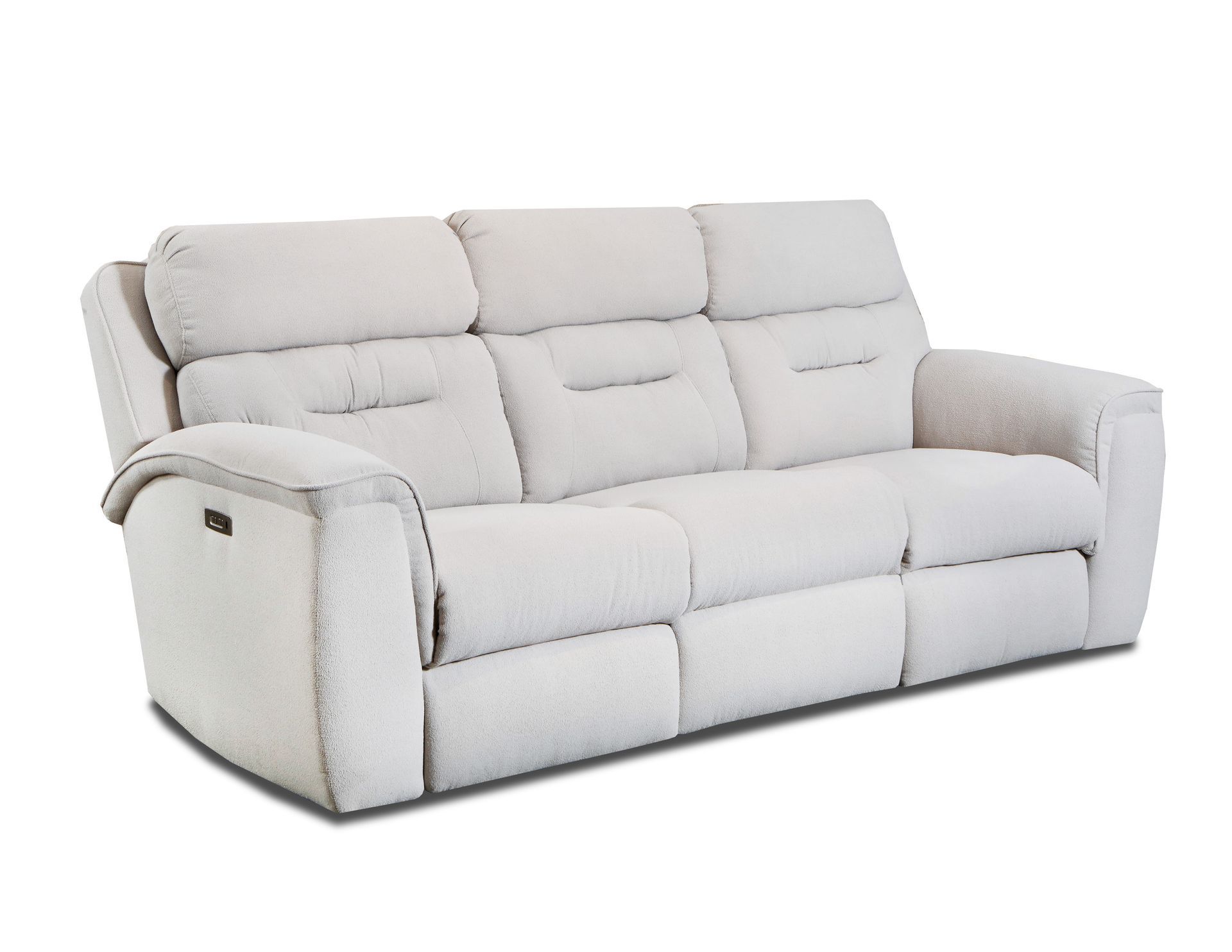 A light beige, three-cushion reclining sofa with cushioned headrests and padded arms on a white background.