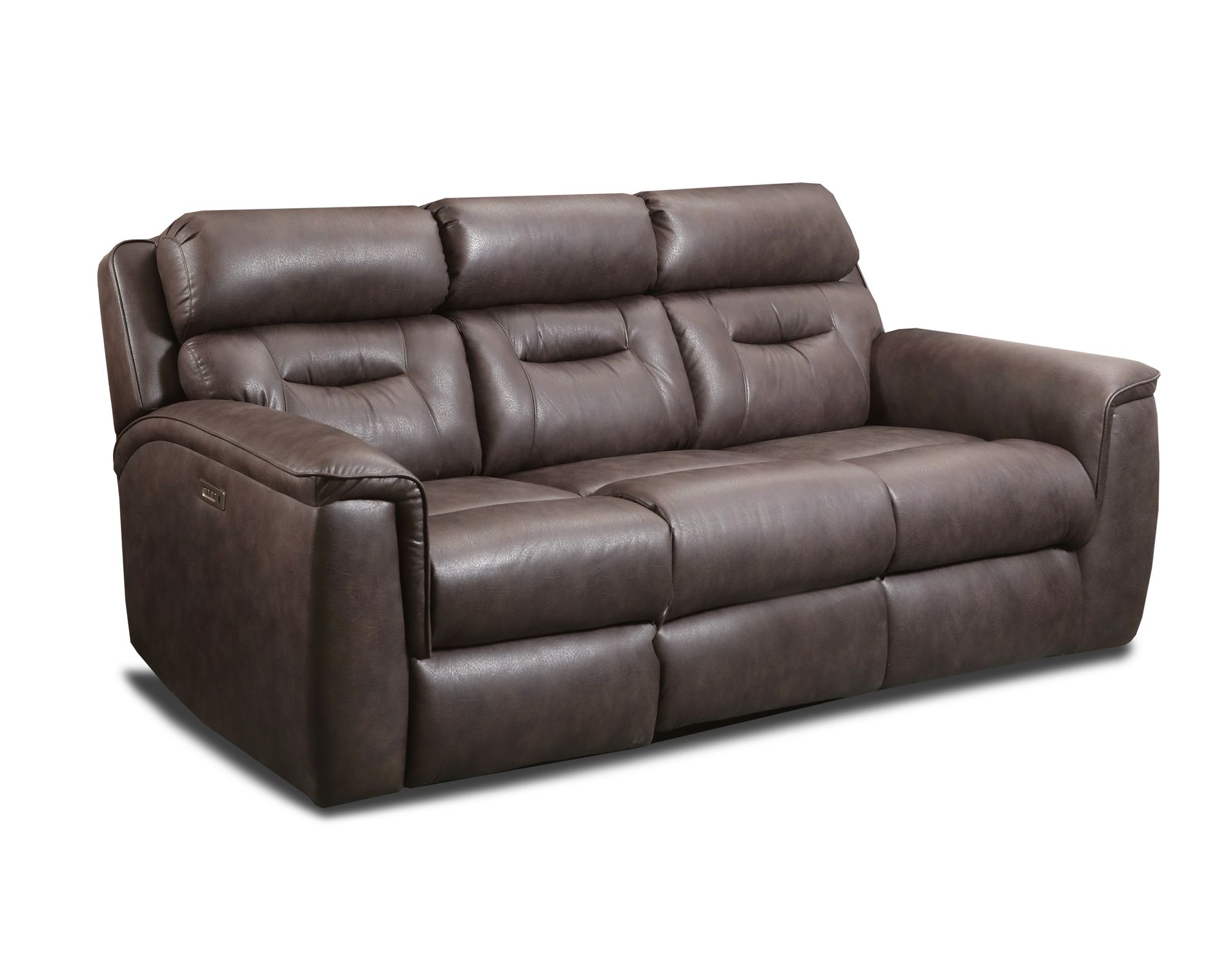 A three-seat brown leather reclining sofa with padded headrests and armrests.