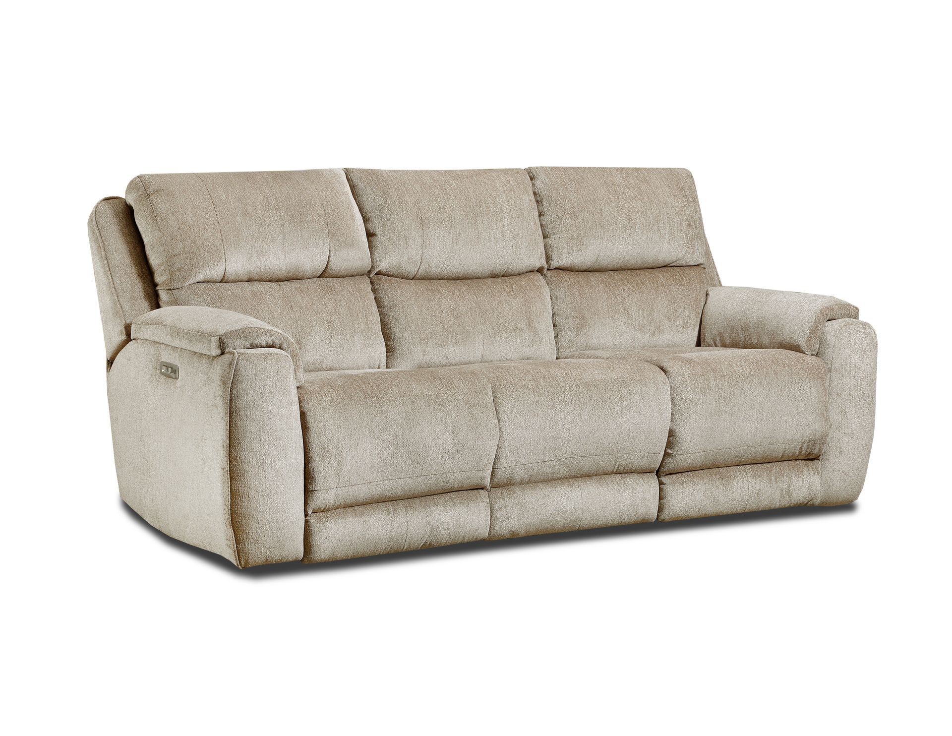 A beige, three-cushion reclining sofa with cushioned armrests and a textured fabric finish.