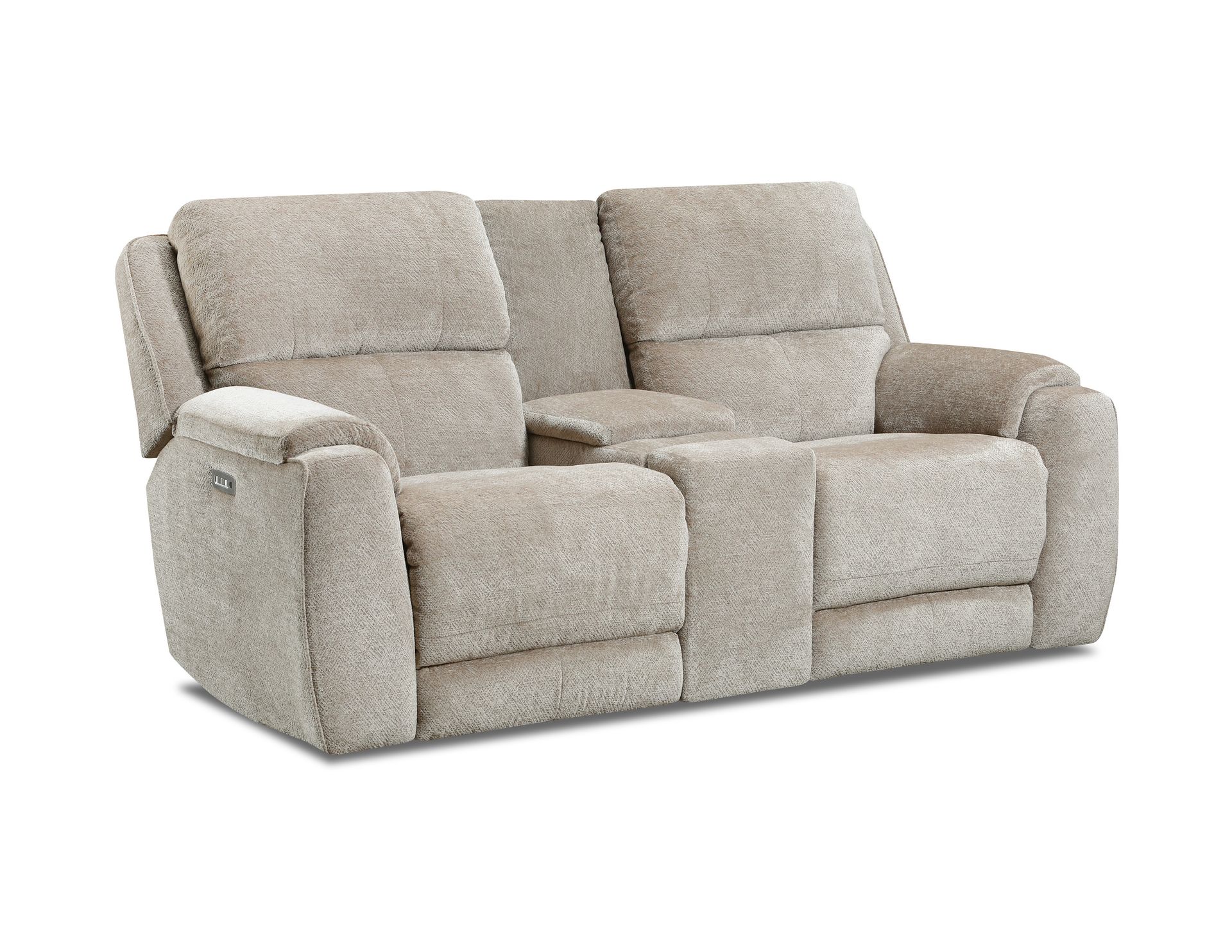 A light beige, two-seater reclining loveseat with a center console and plush upholstered fabric.