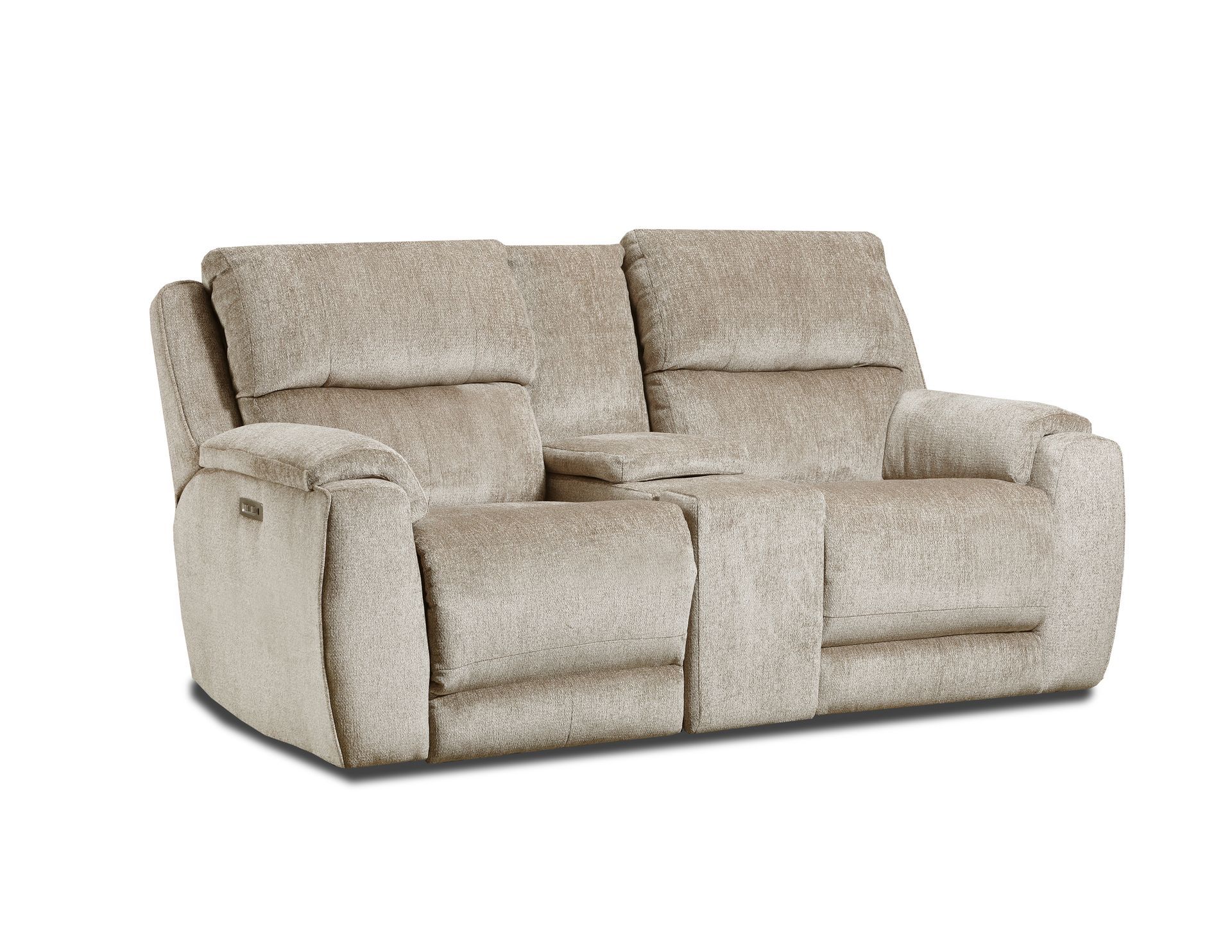 A beige fabric loveseat recliner featuring a center console with cup holders.