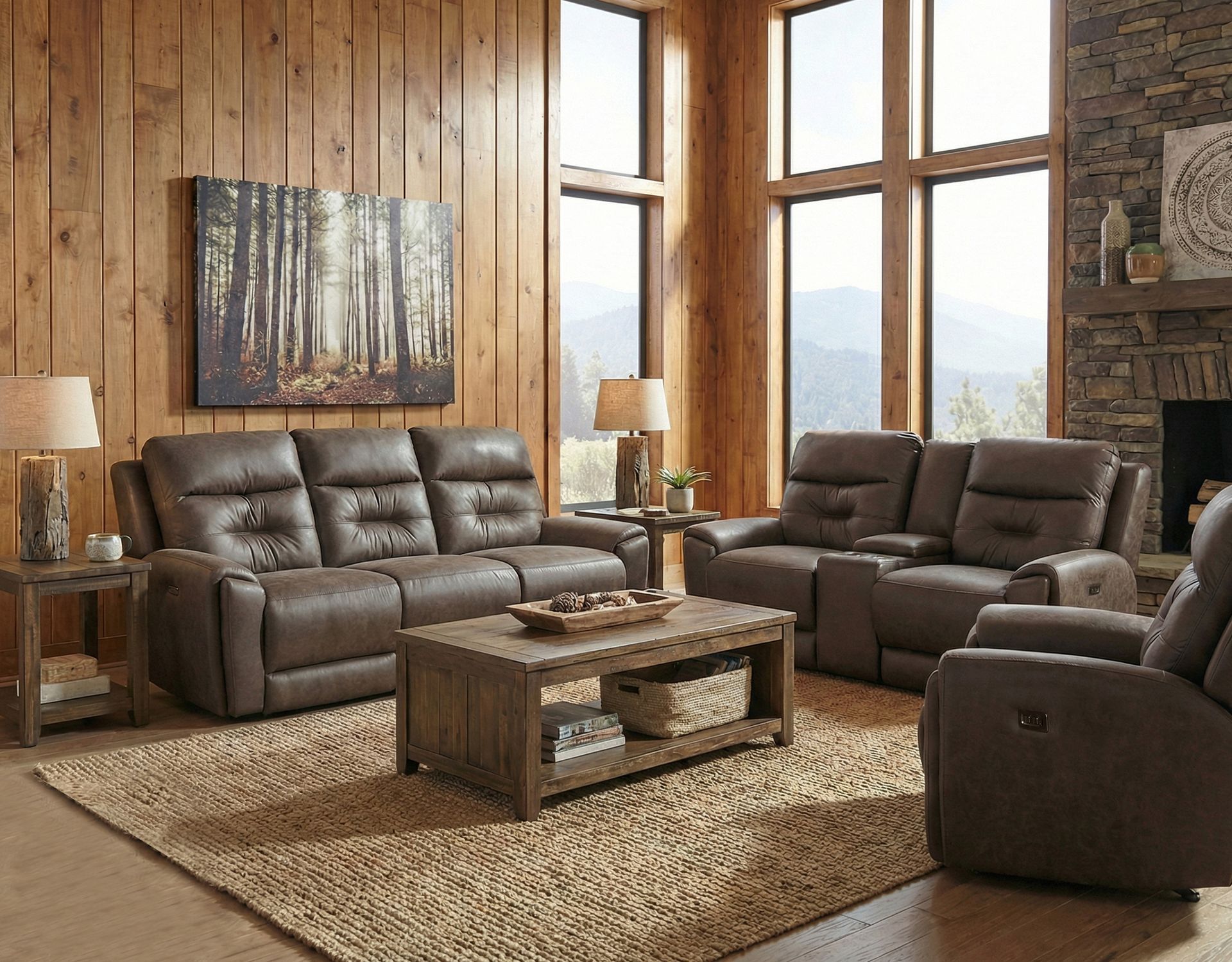 A rustic-style living room featuring a brown leather recliner sofa, loveseat, armchair, and wooden coffee table on a rug.