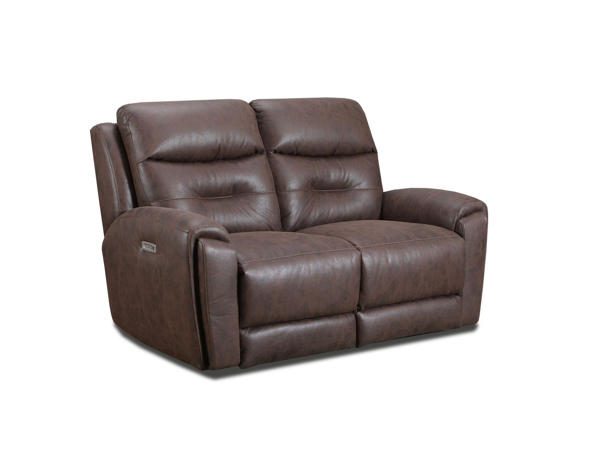A two-seat brown leather reclining loveseat with cushioned backrests and integrated power controls.