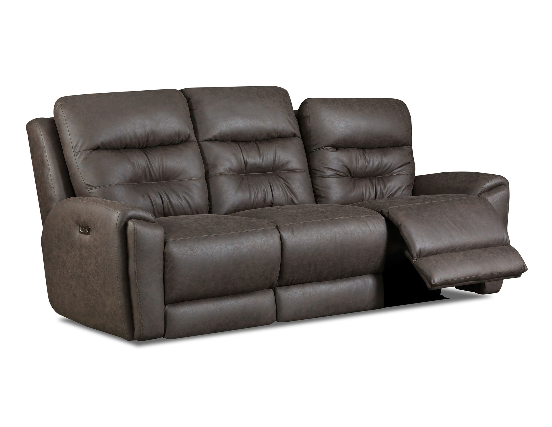A dark brown three-seat leather recliner sofa with the right section extended.