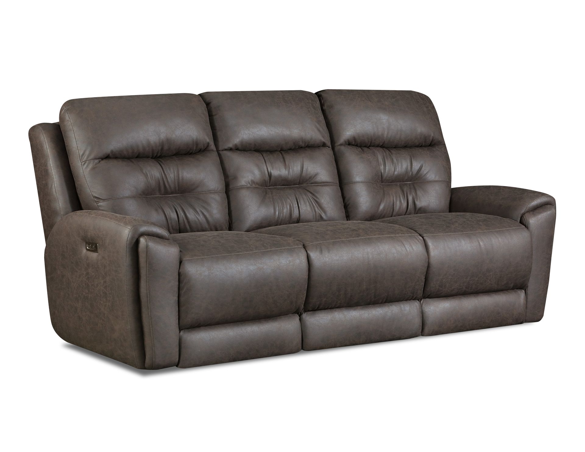 A dark brown, three-cushion leather reclining sofa with tufted backrests.