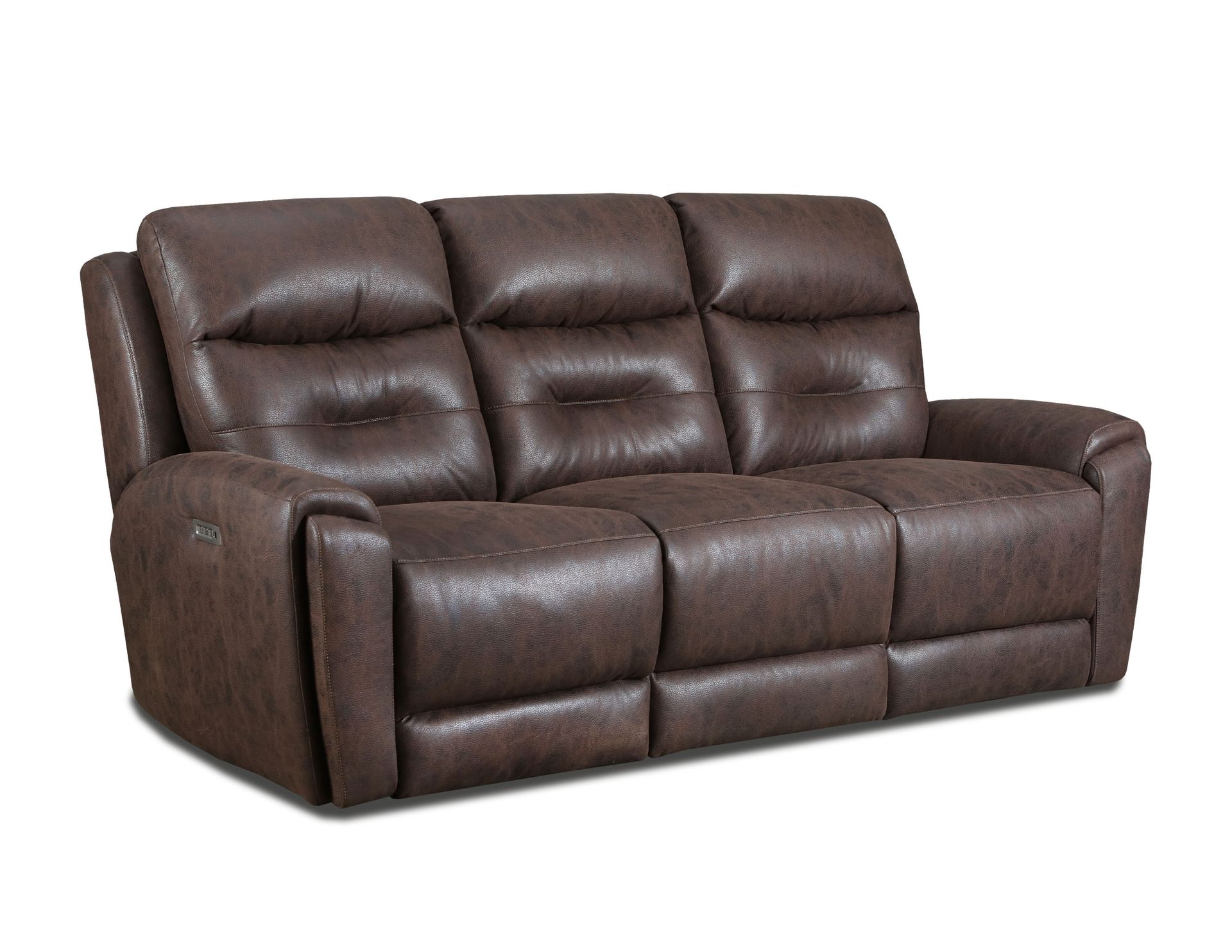 A brown leather three-seat reclining sofa with tufted cushions, isolated against a white background.