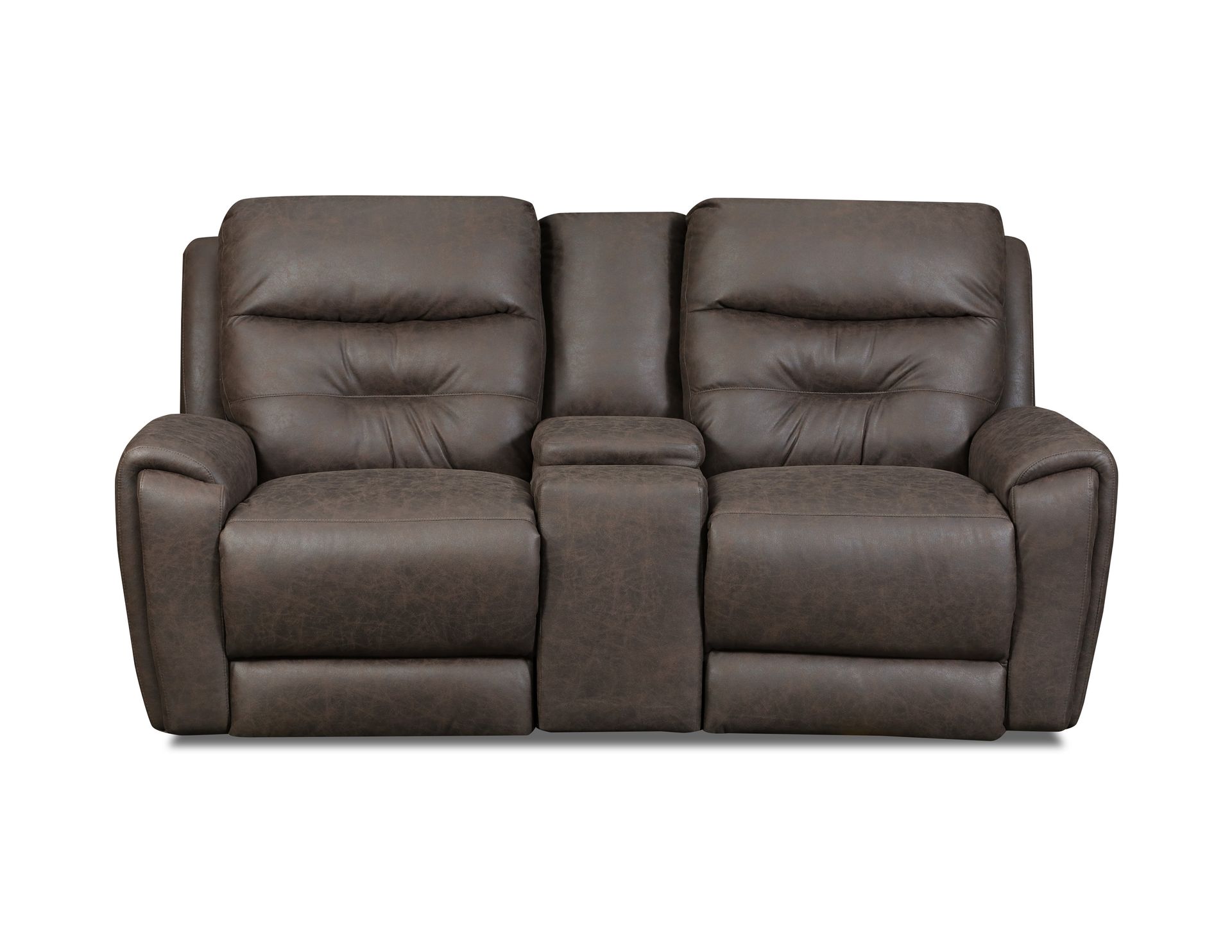A brown leather reclining loveseat with a center console featuring integrated cup holders.